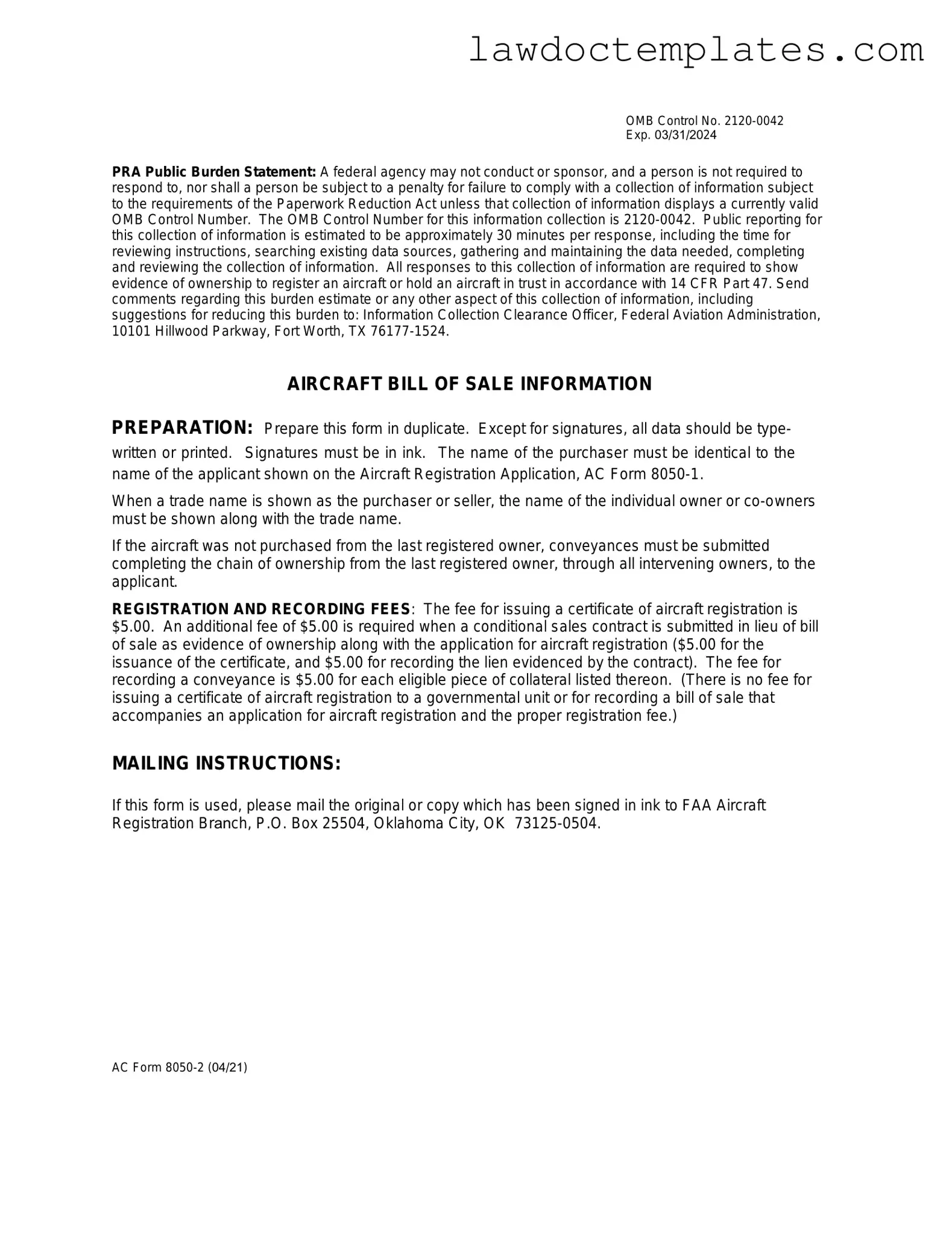 Fill Your Aircraft Bill of Sale AC 8050-2 Form