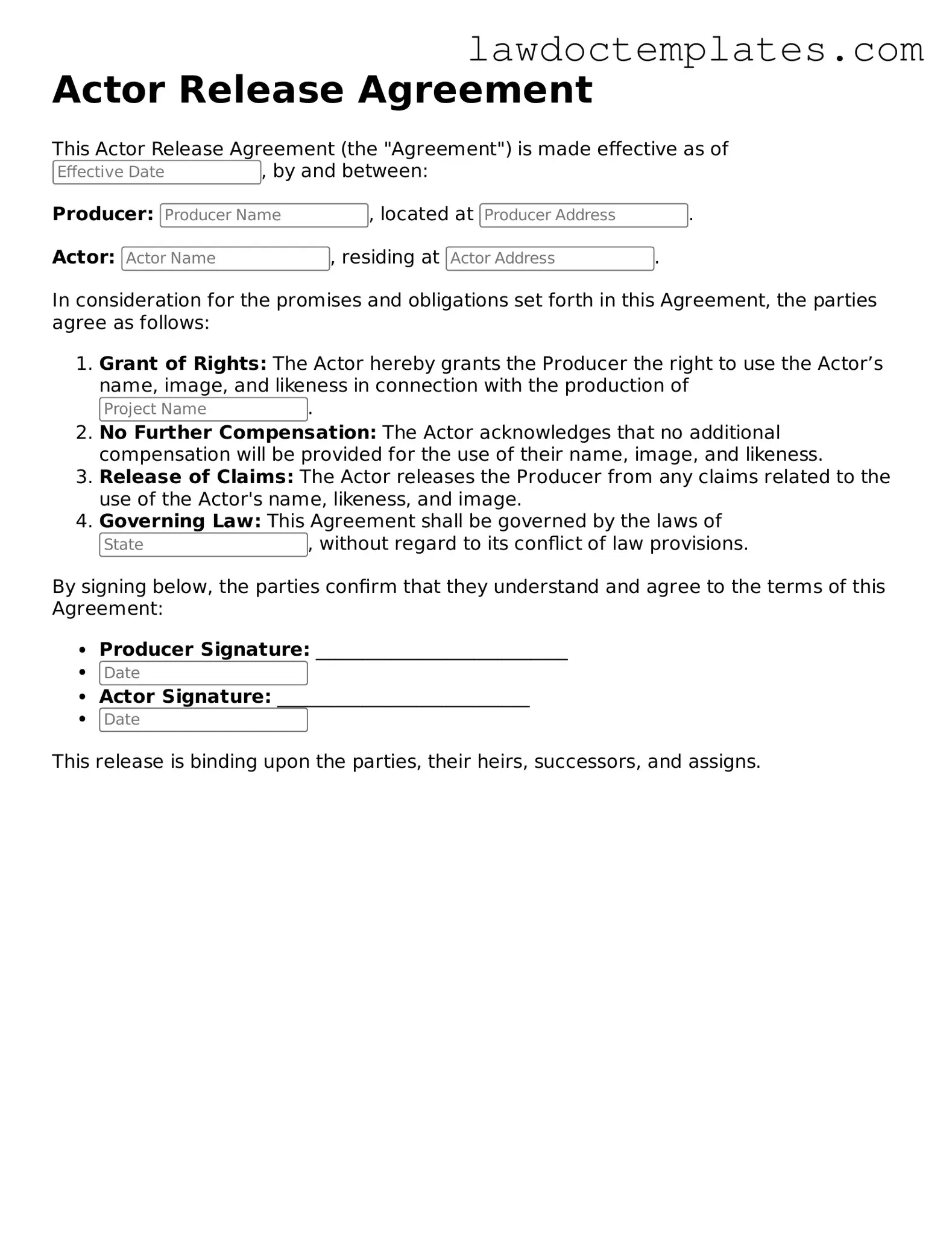 Blank Actor Release Document