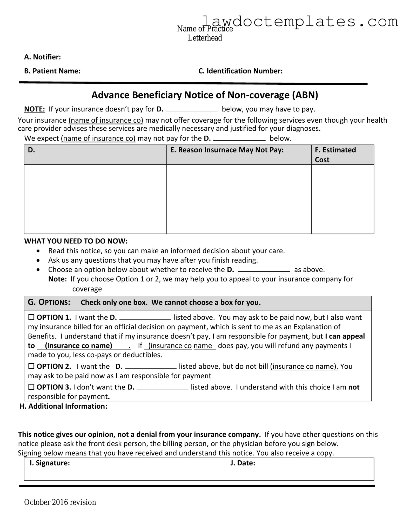 Fill Your Advance Beneficiary Notice of Non-coverage Form