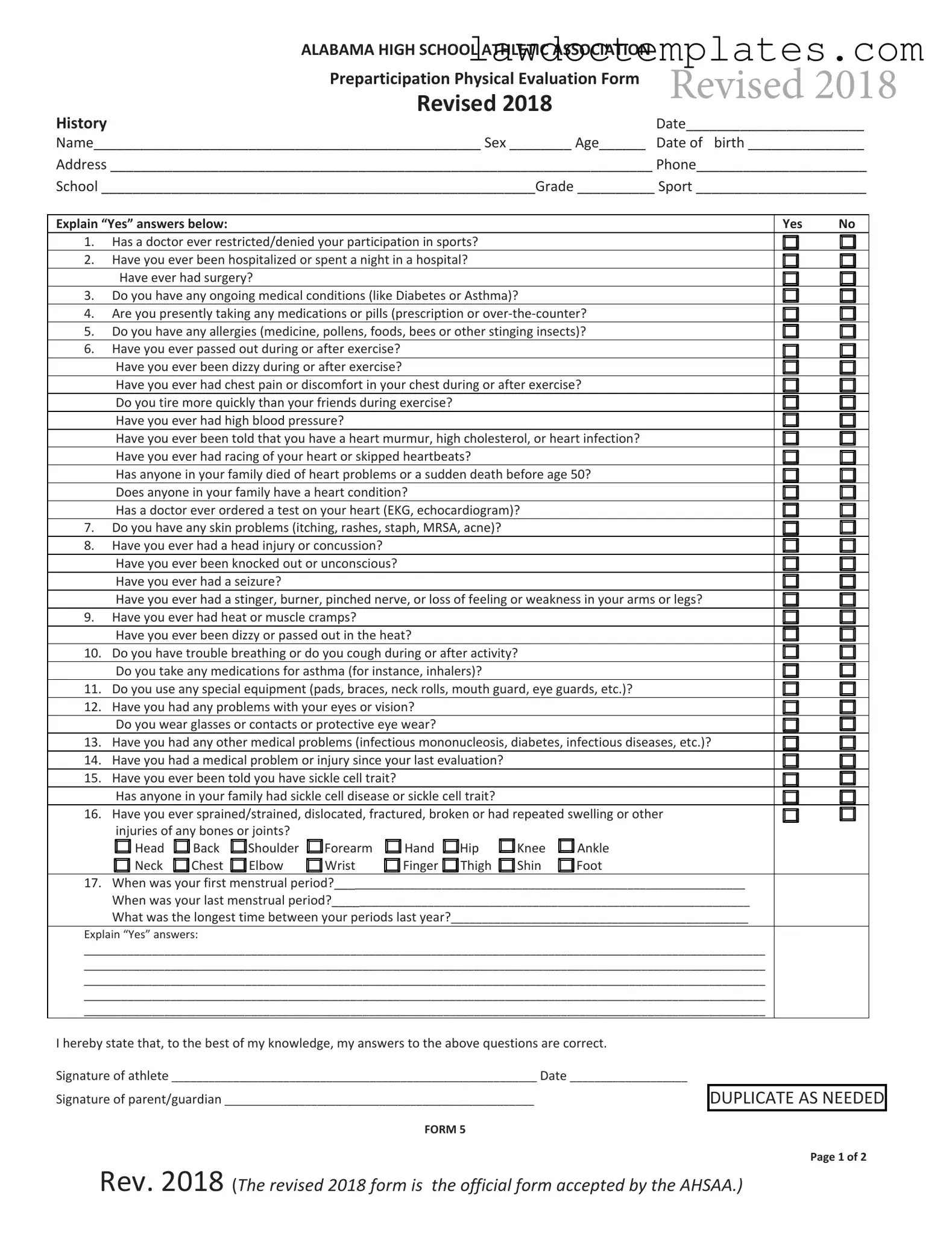 Fill Your Alabama High School Physical Form