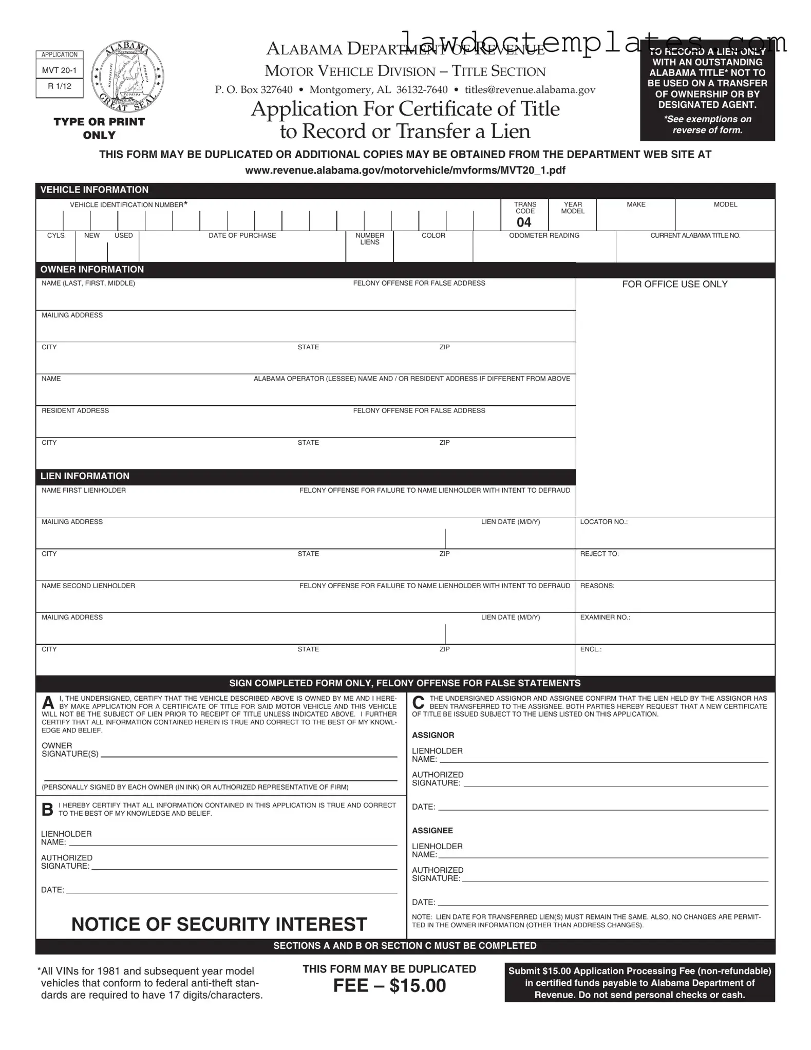 Fill Your Alabama Mvt 20 1 Form