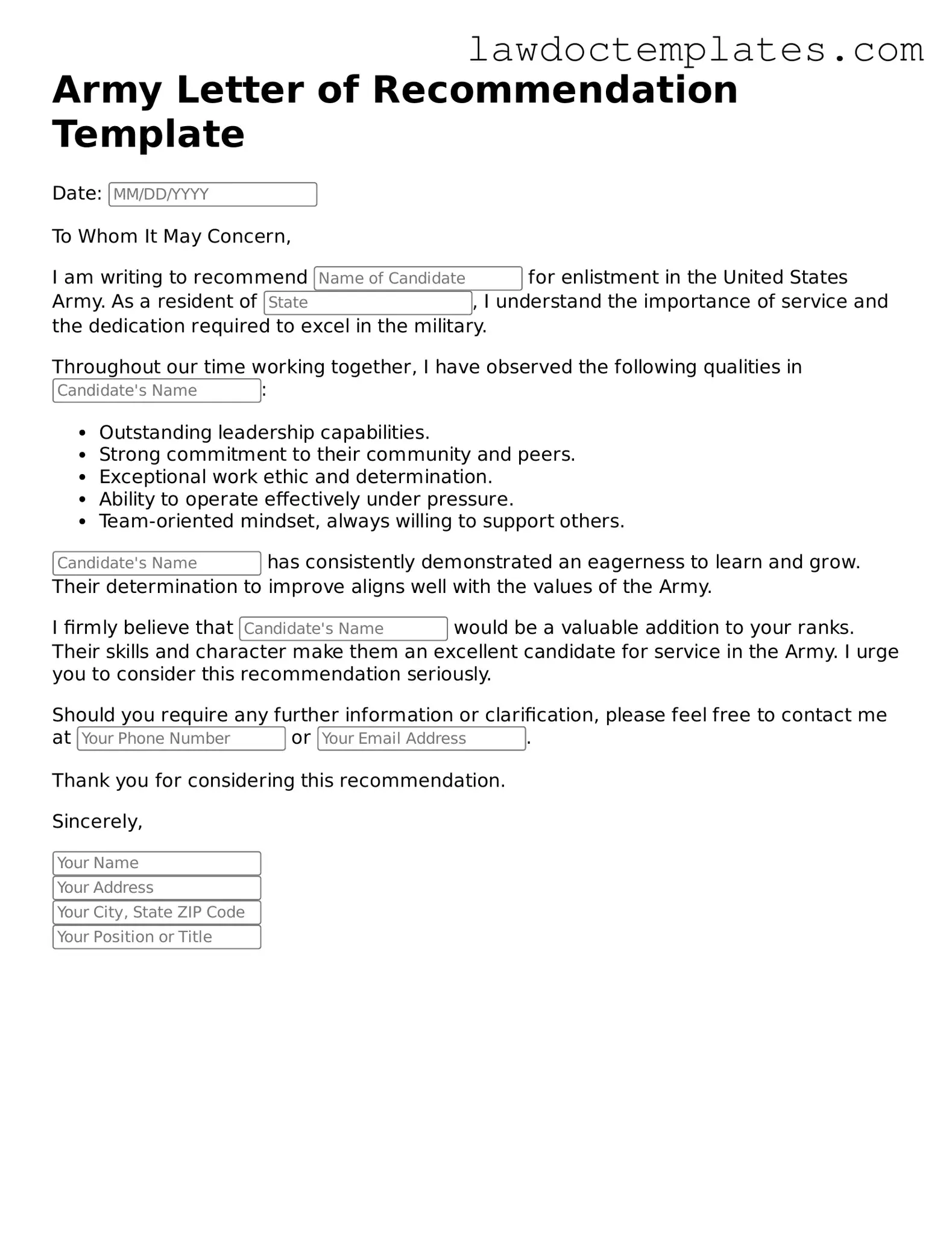 Blank Army Letter of Recommendation Document