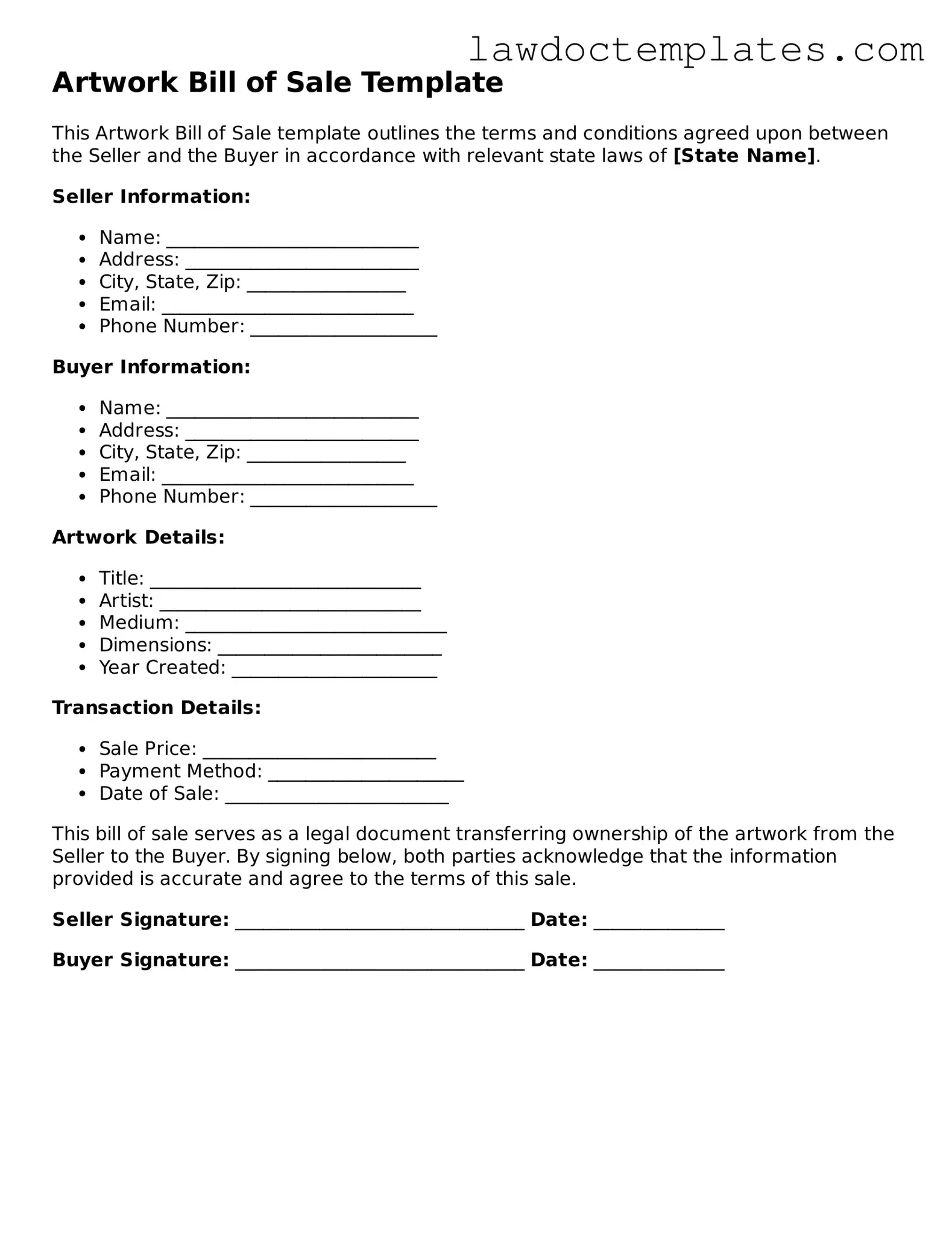 Blank Artwork Bill of Sale Document