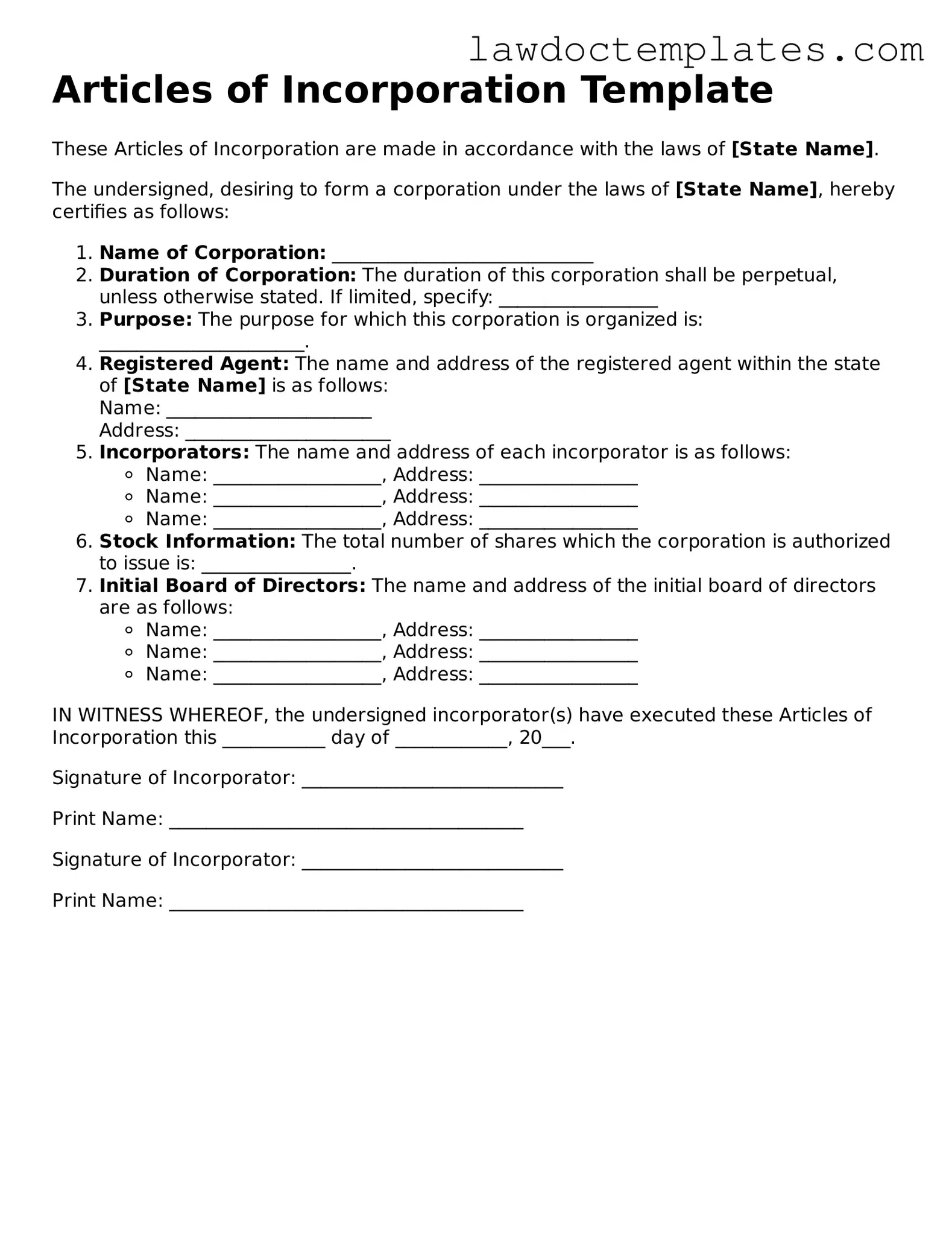 Blank Articles of Incorporation Document