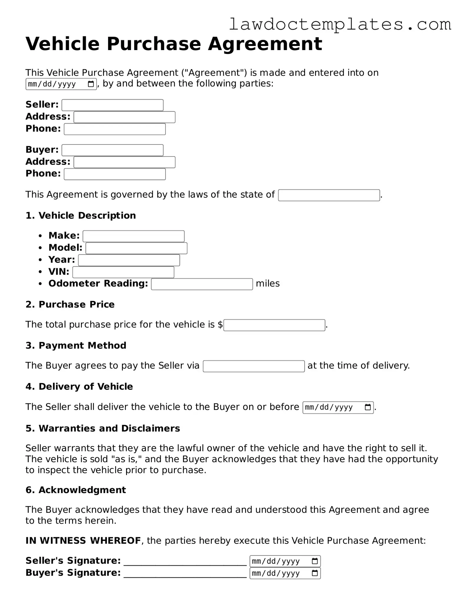 Blank Vehicle Purchase Agreement Document
