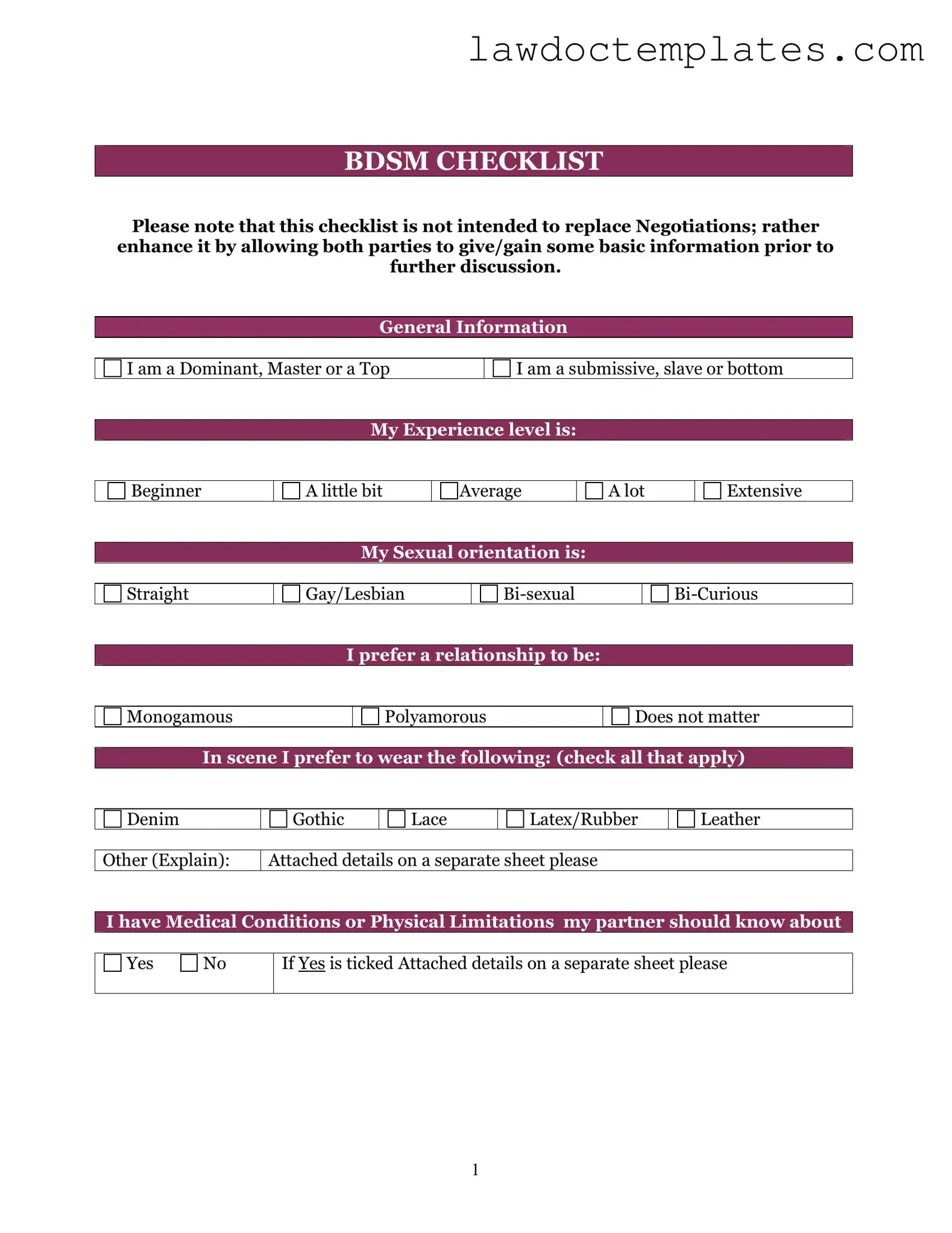 Fill Your Bdsm Checklist Form