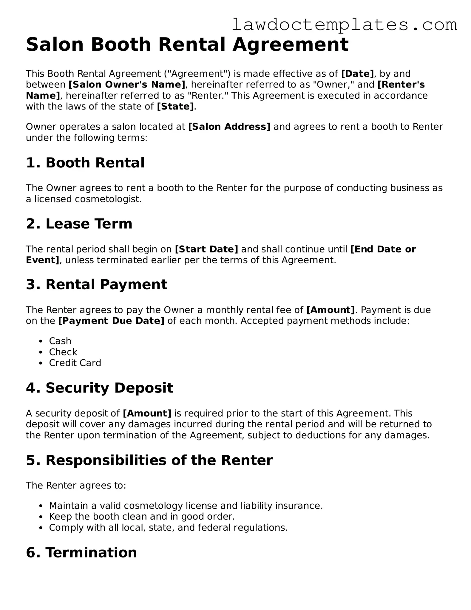 Blank Salon Booth Rental Agreement Document
