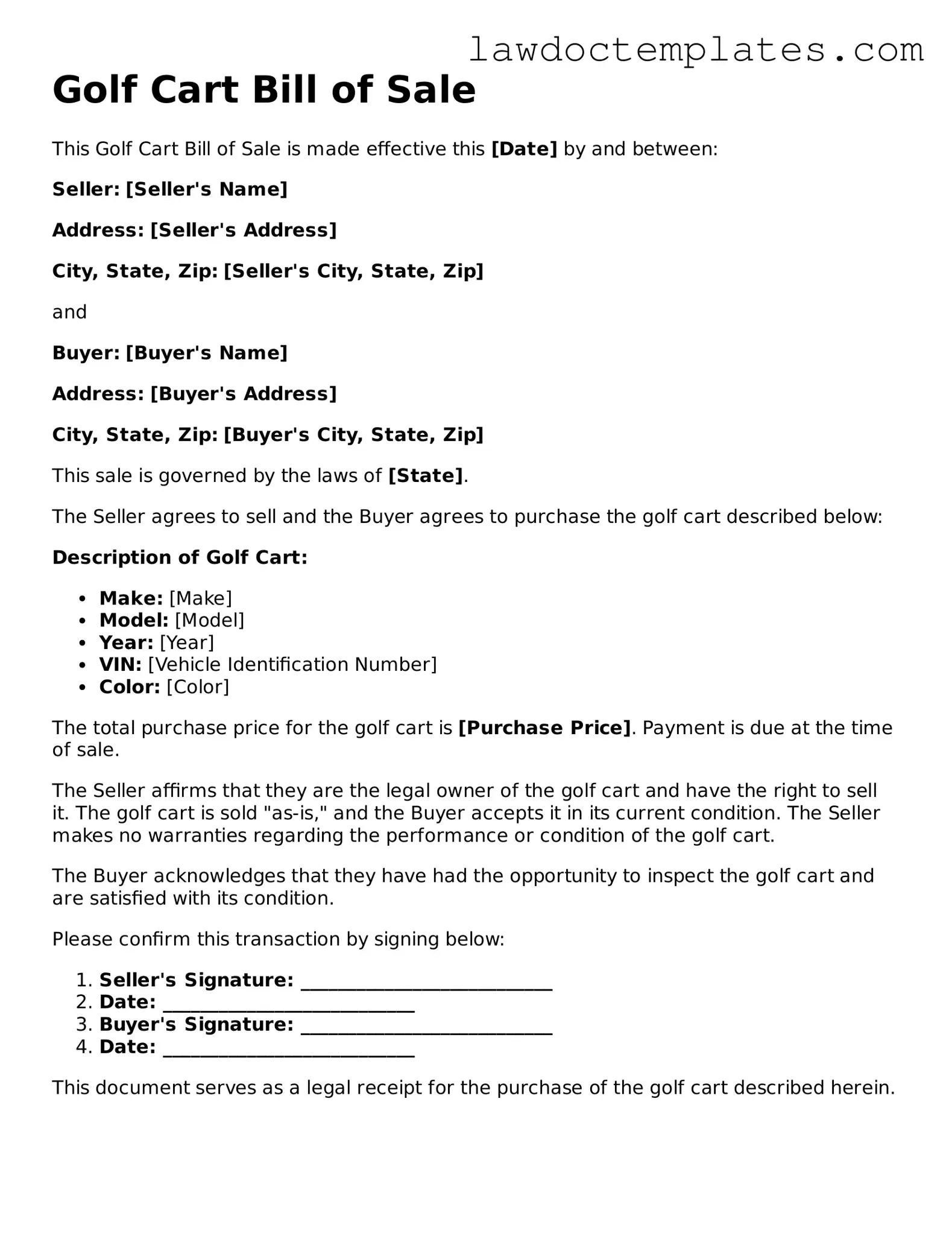 Blank Golf Cart Bill of Sale Document