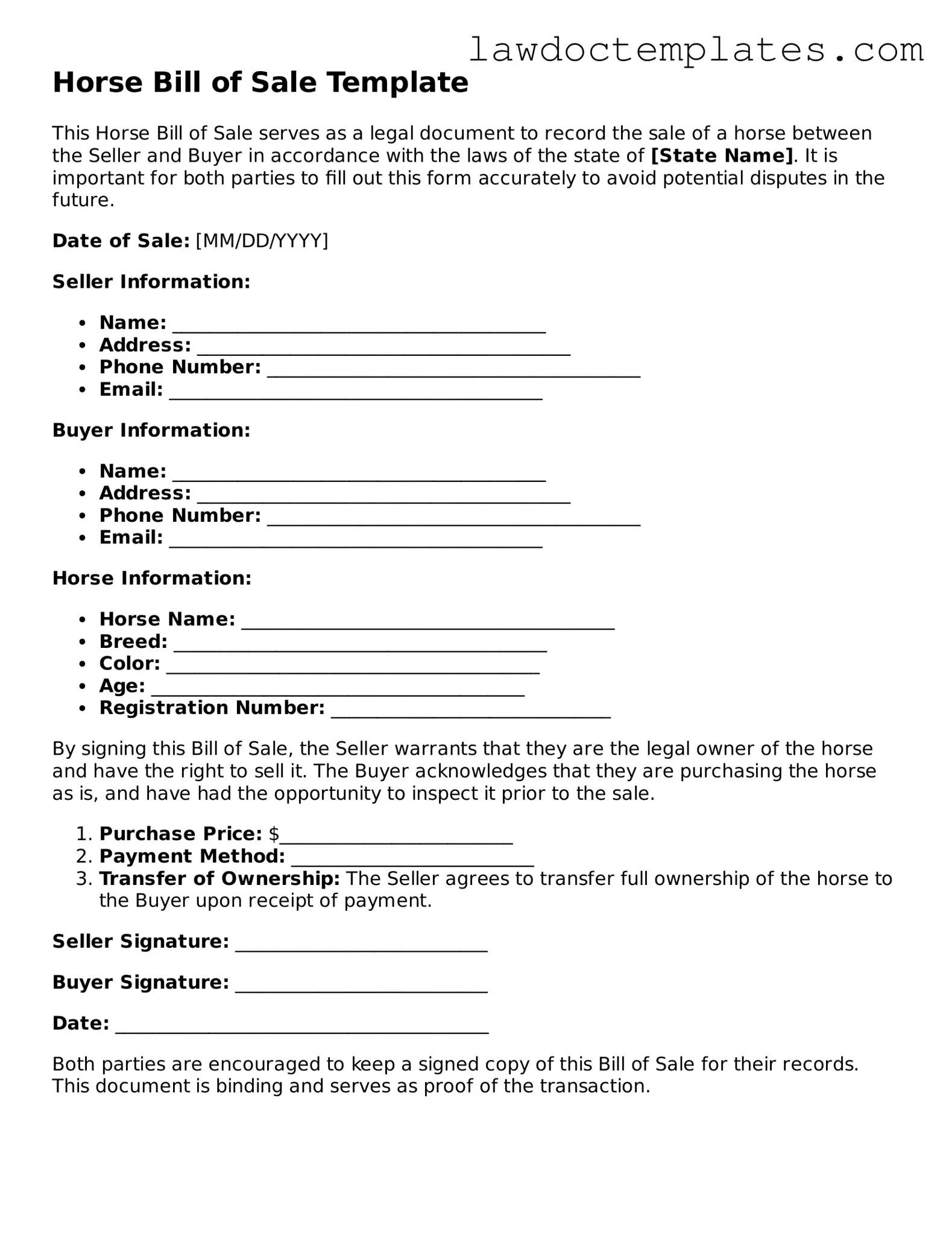 Blank Horse Bill of Sale Document
