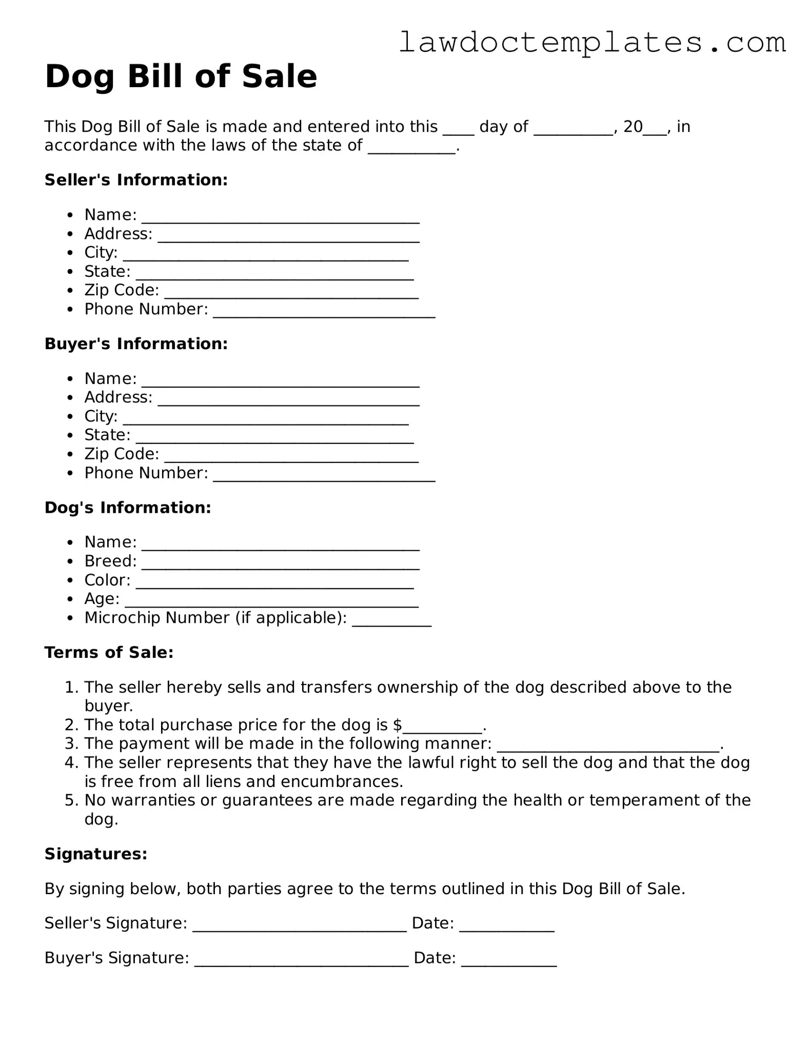 Blank Dog Bill of Sale Document