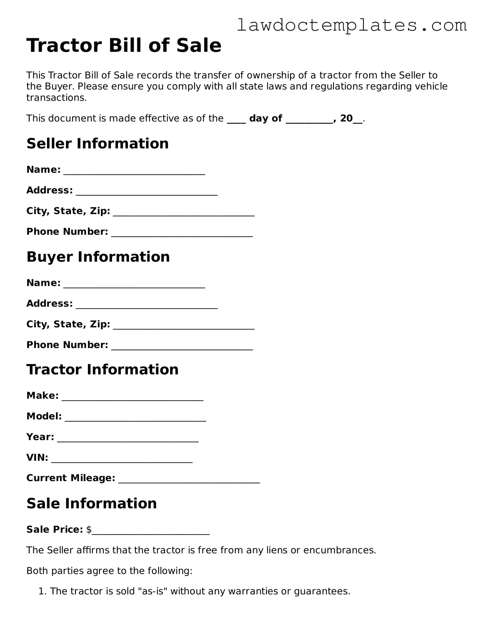 Blank Tractor Bill of Sale Document