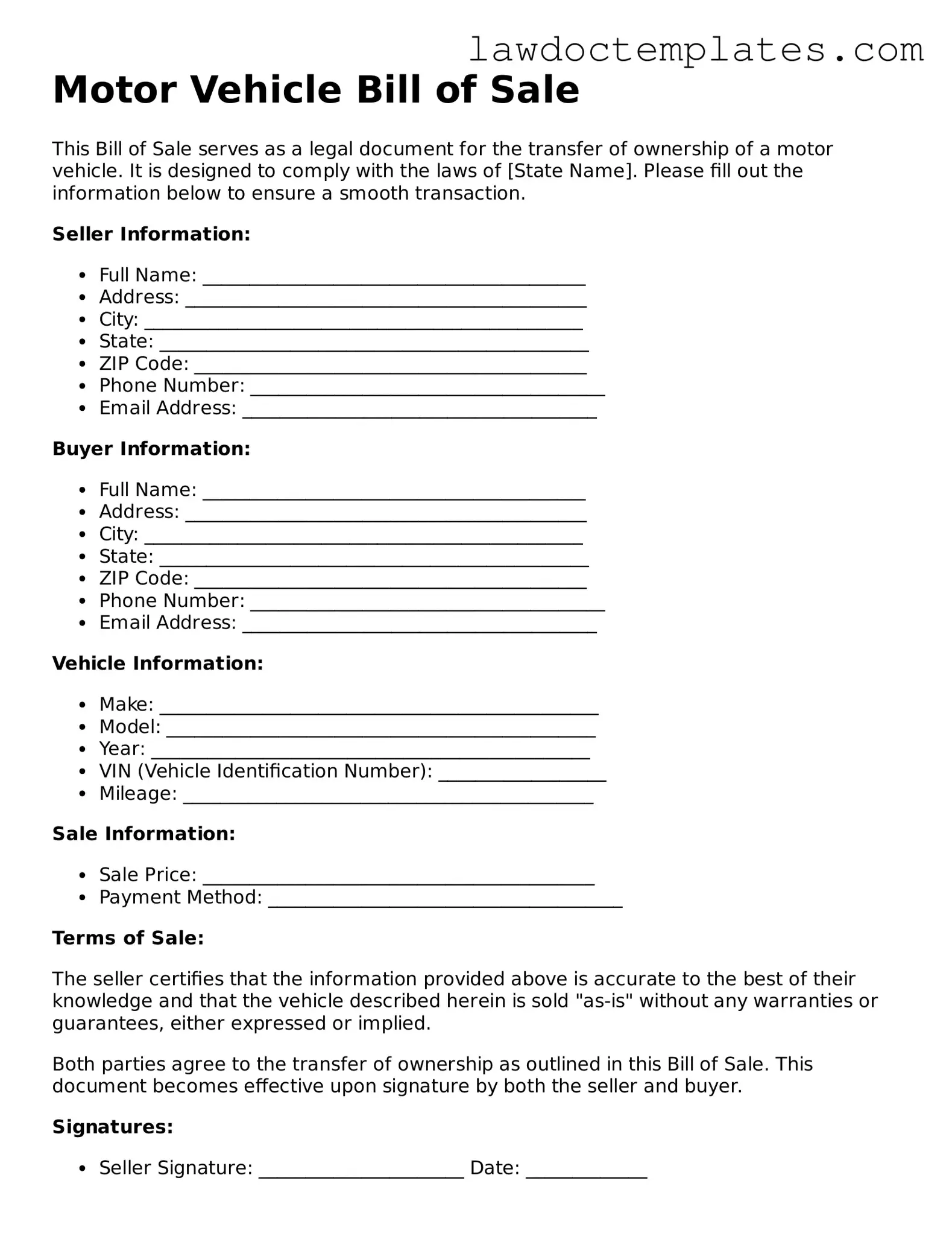 Blank Motor Vehicle Bill of Sale Document