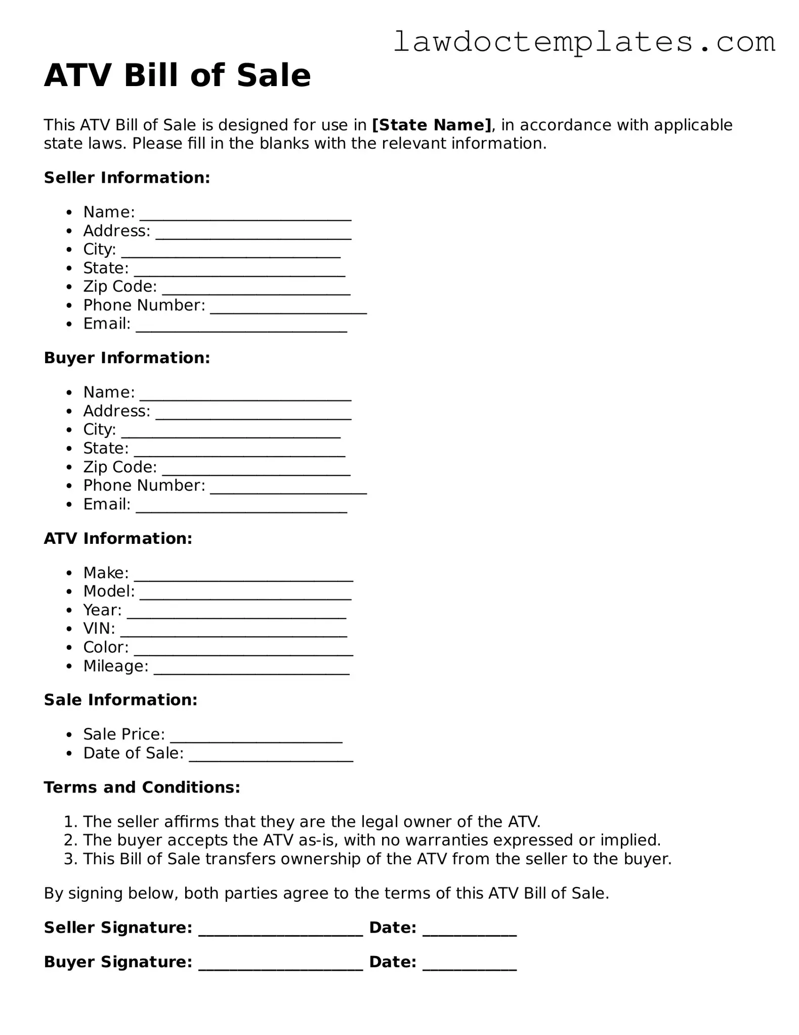 Blank ATV Bill of Sale Document