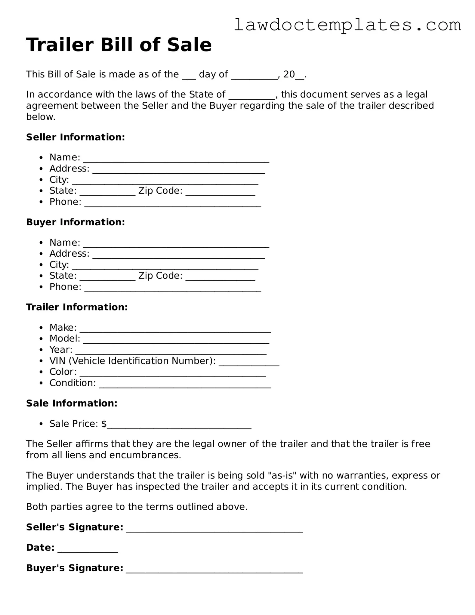 Blank Trailer Bill of Sale Document