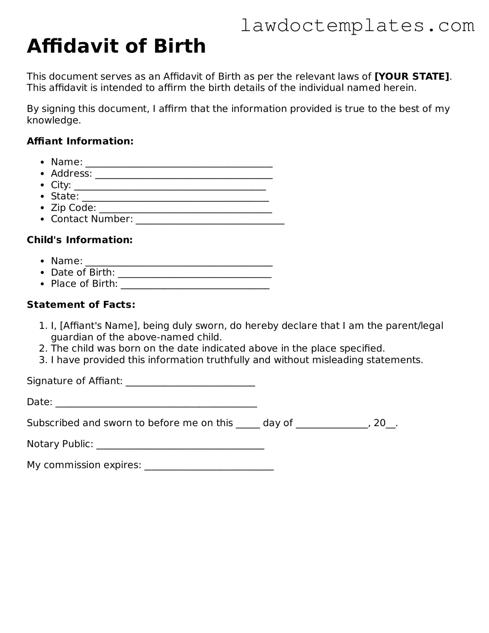 Blank Affidavit of Birth Document