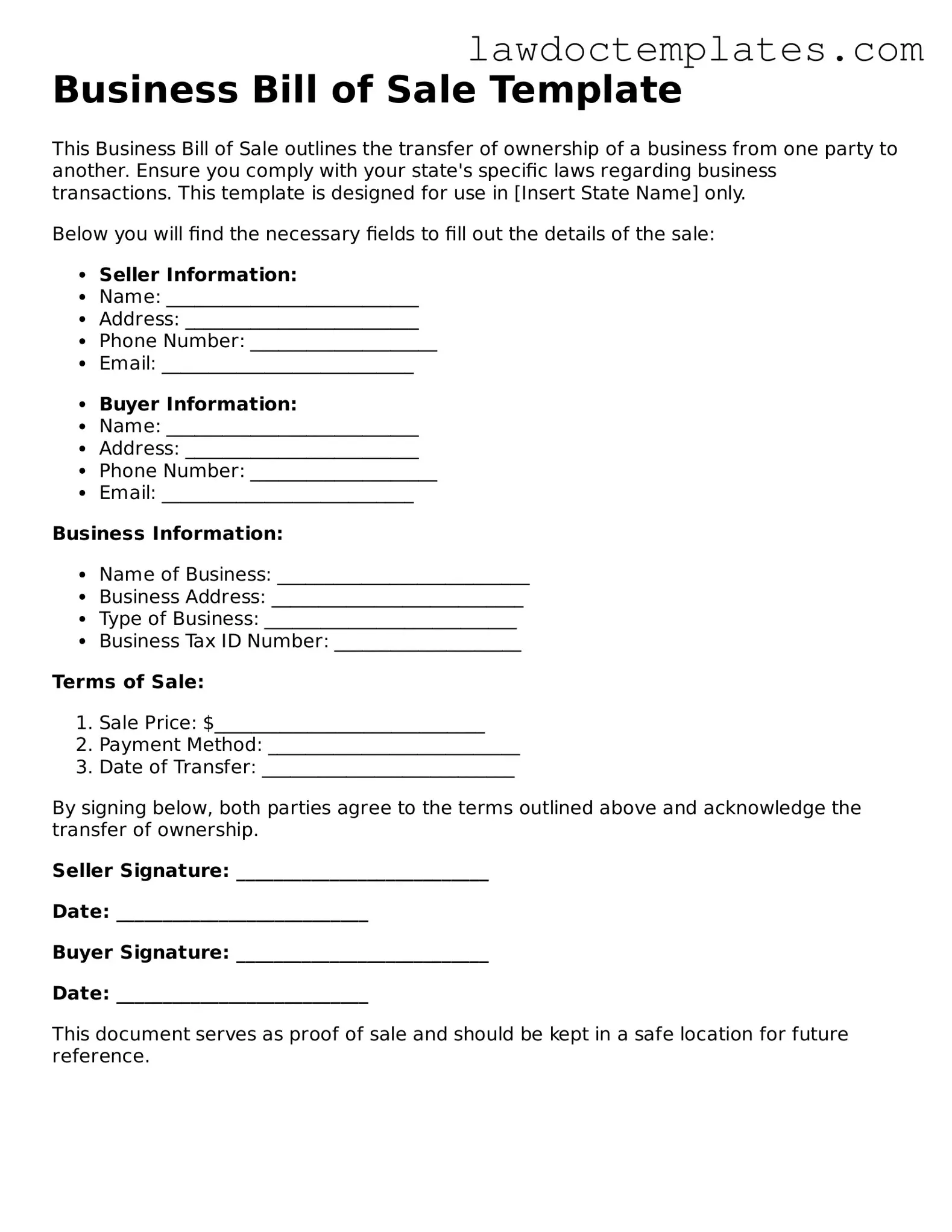 Blank Business Bill of Sale Document