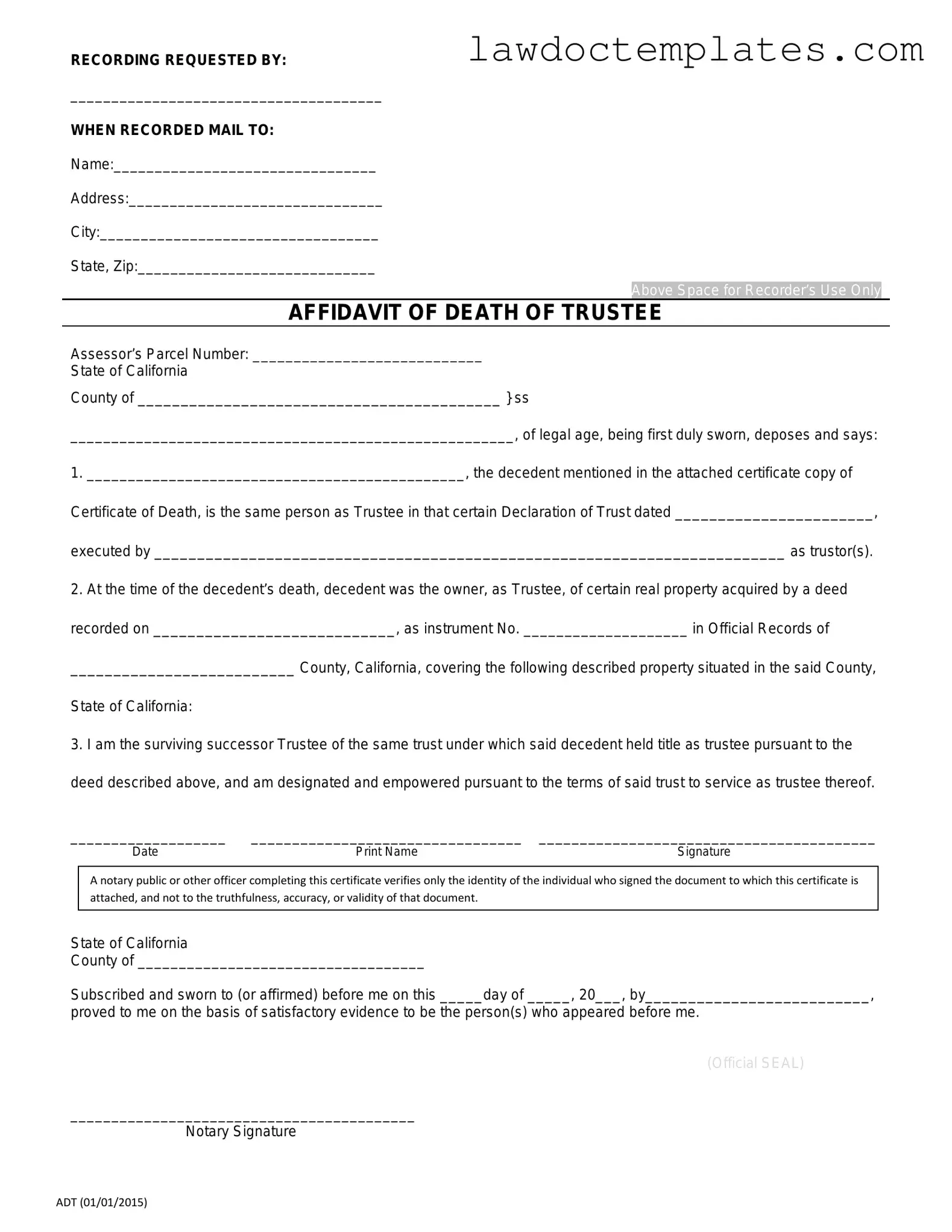 Fill Your California Affidavit of Death of a Trustee Form
