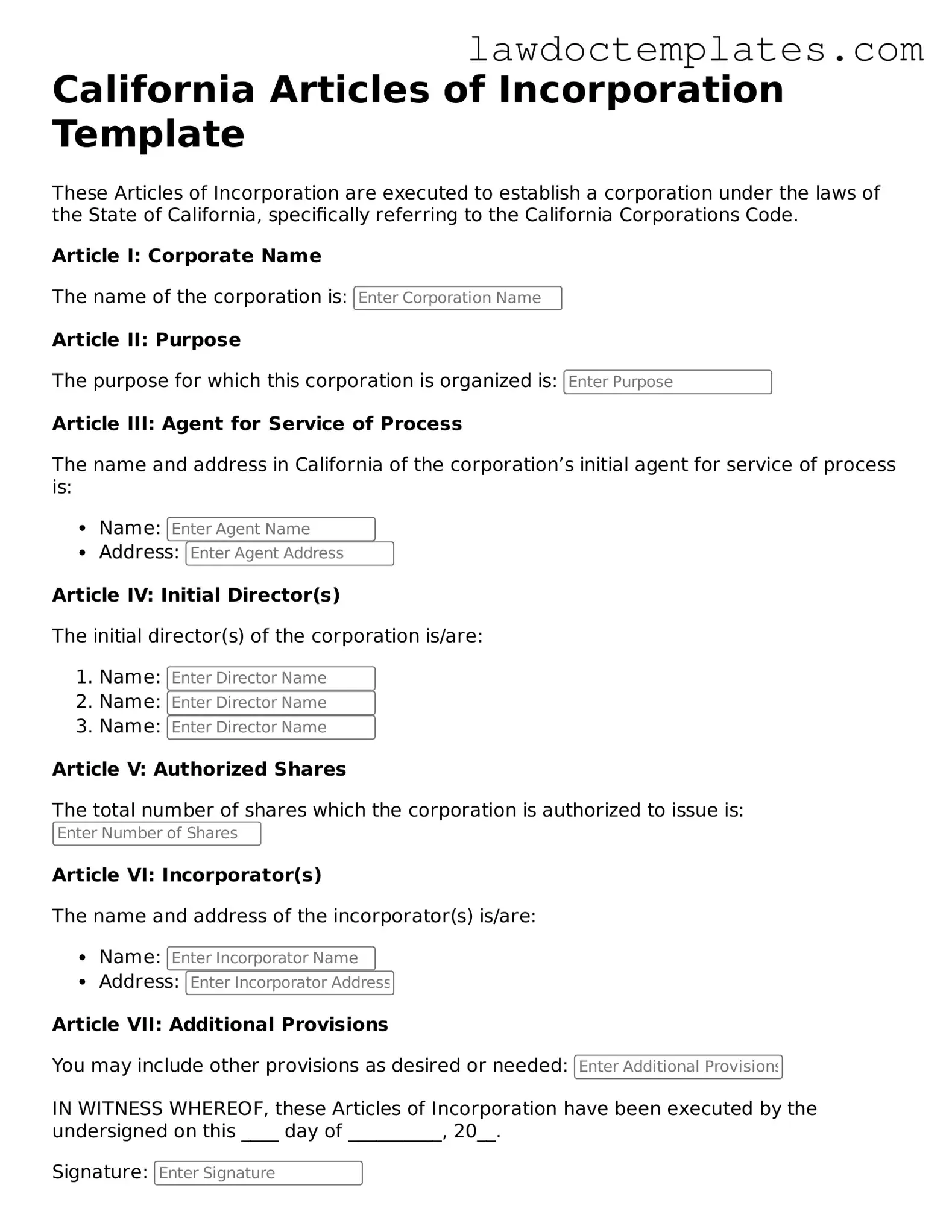 Articles of Incorporation Document for California State
