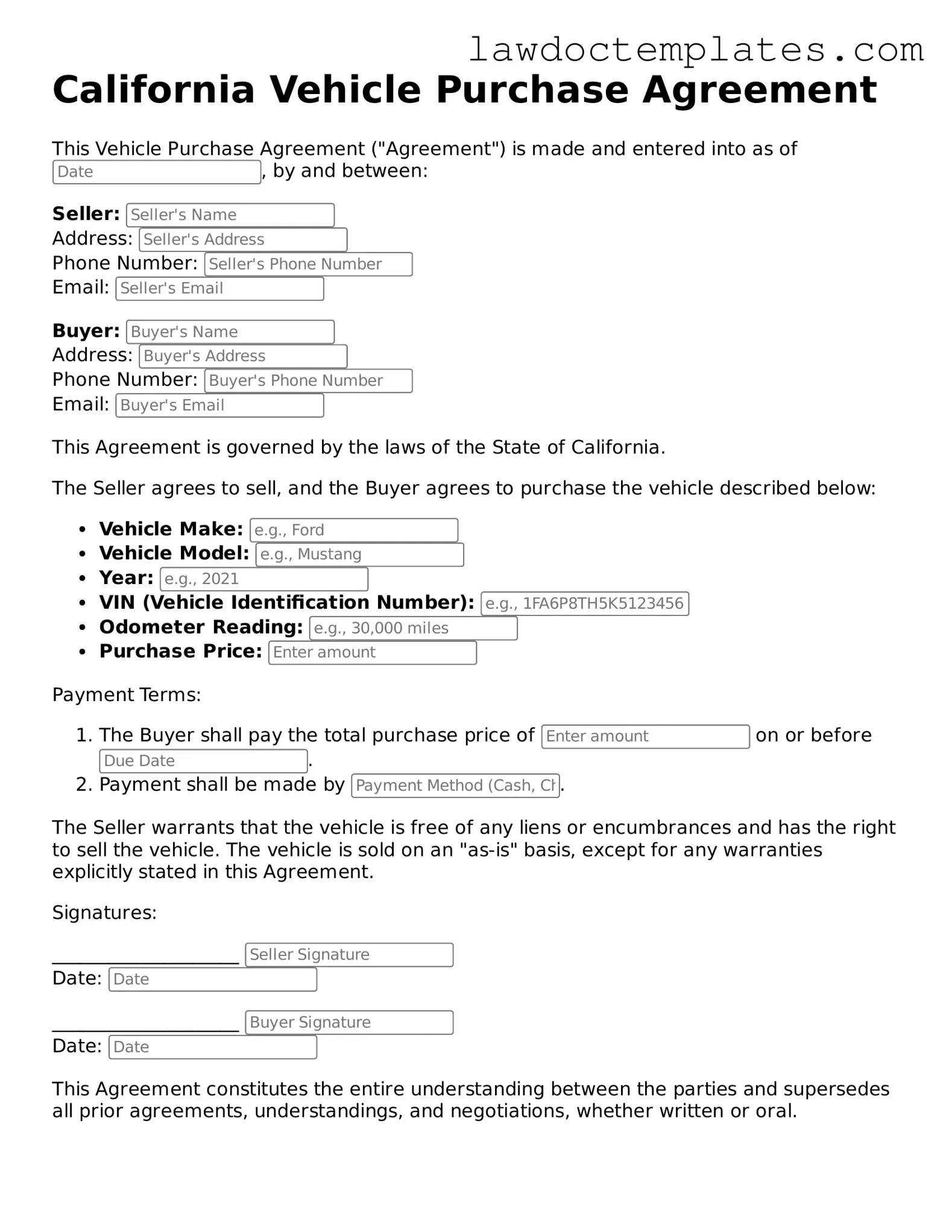 Vehicle Purchase Agreement Document for California State