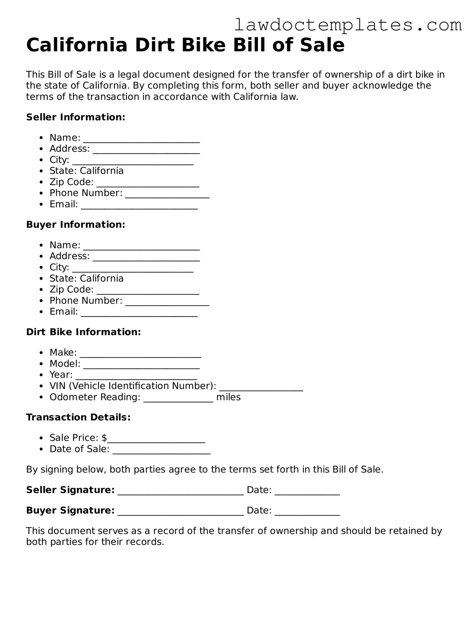 Dirt Bike Bill of Sale Document for California State