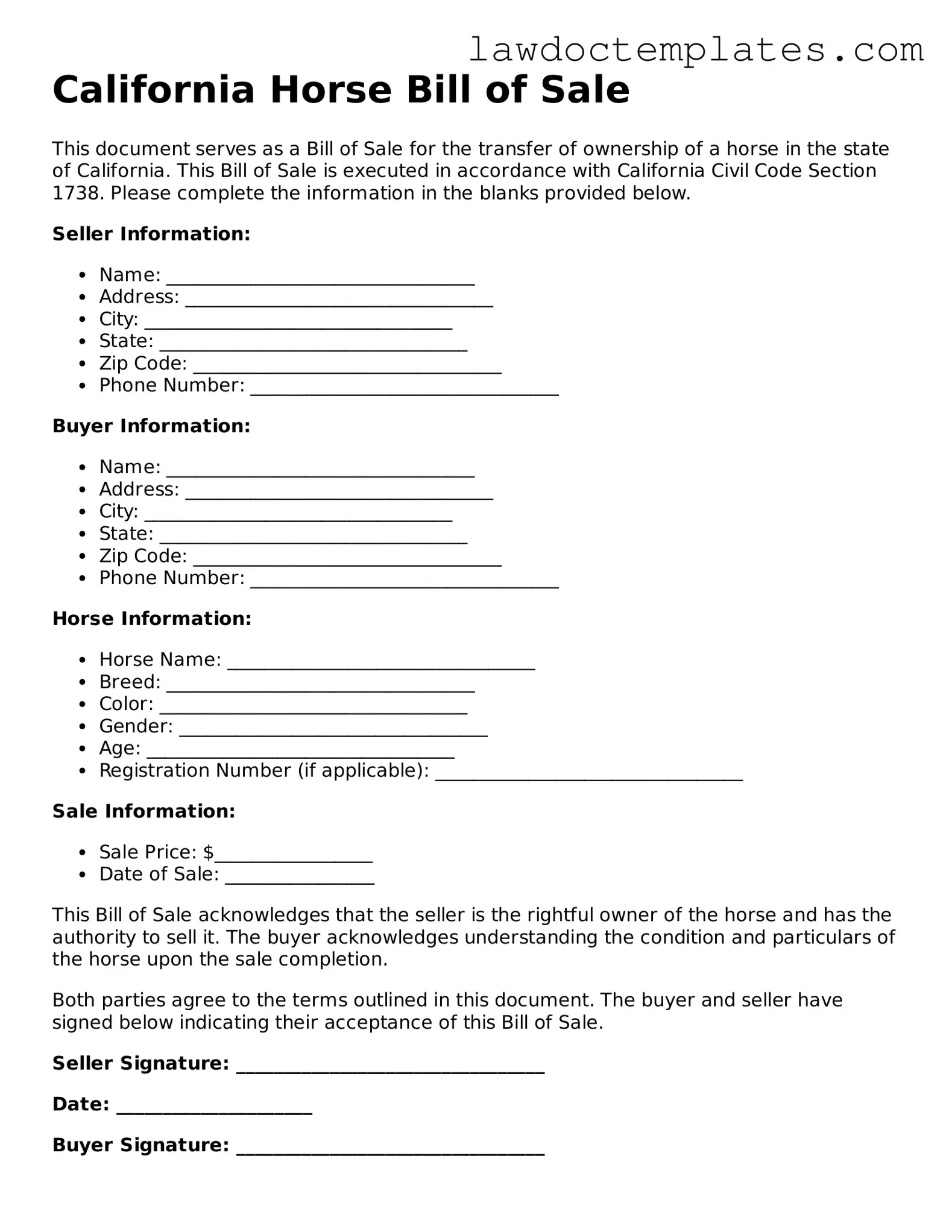 Horse Bill of Sale Document for California State