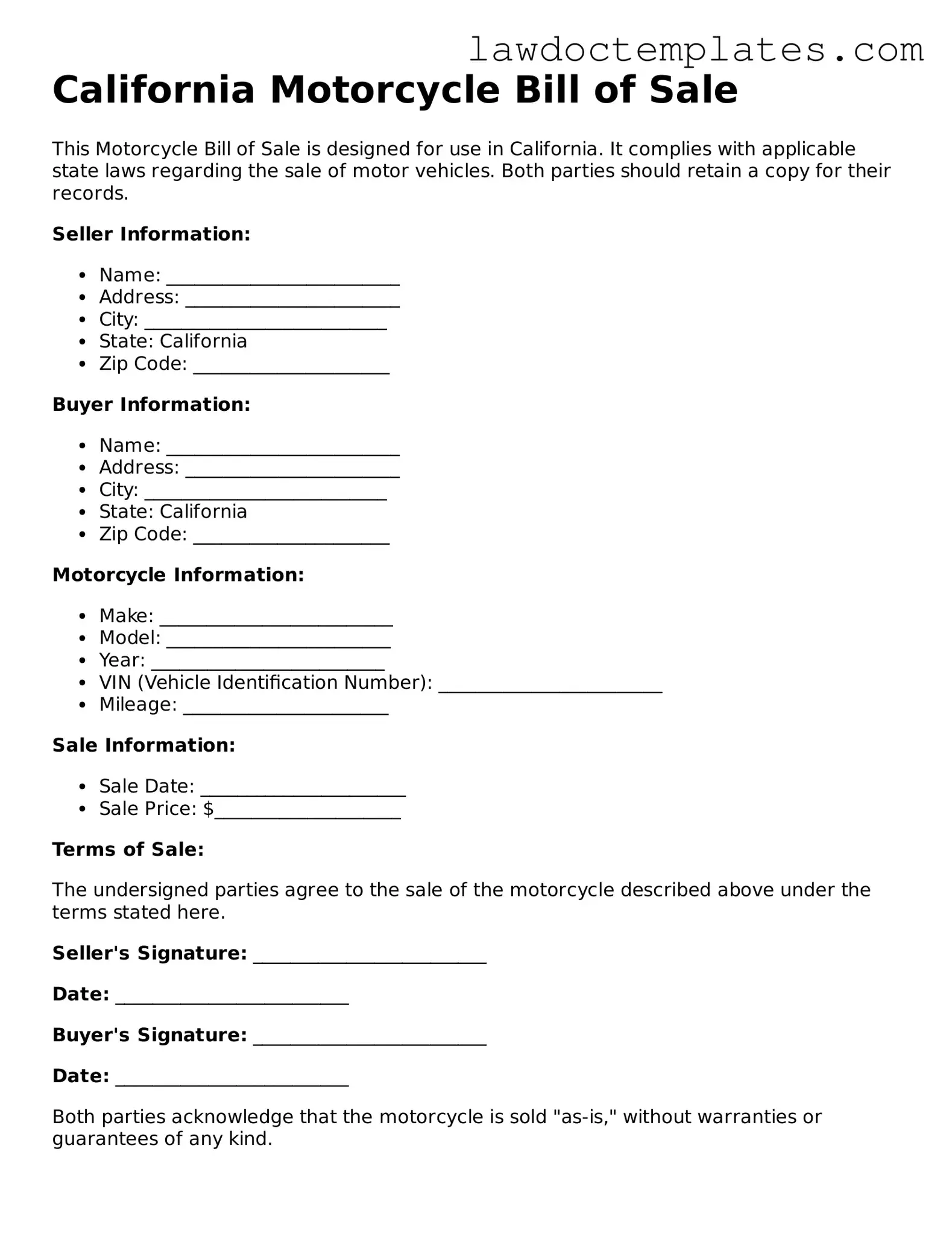 Motorcycle Bill of Sale Document for California State