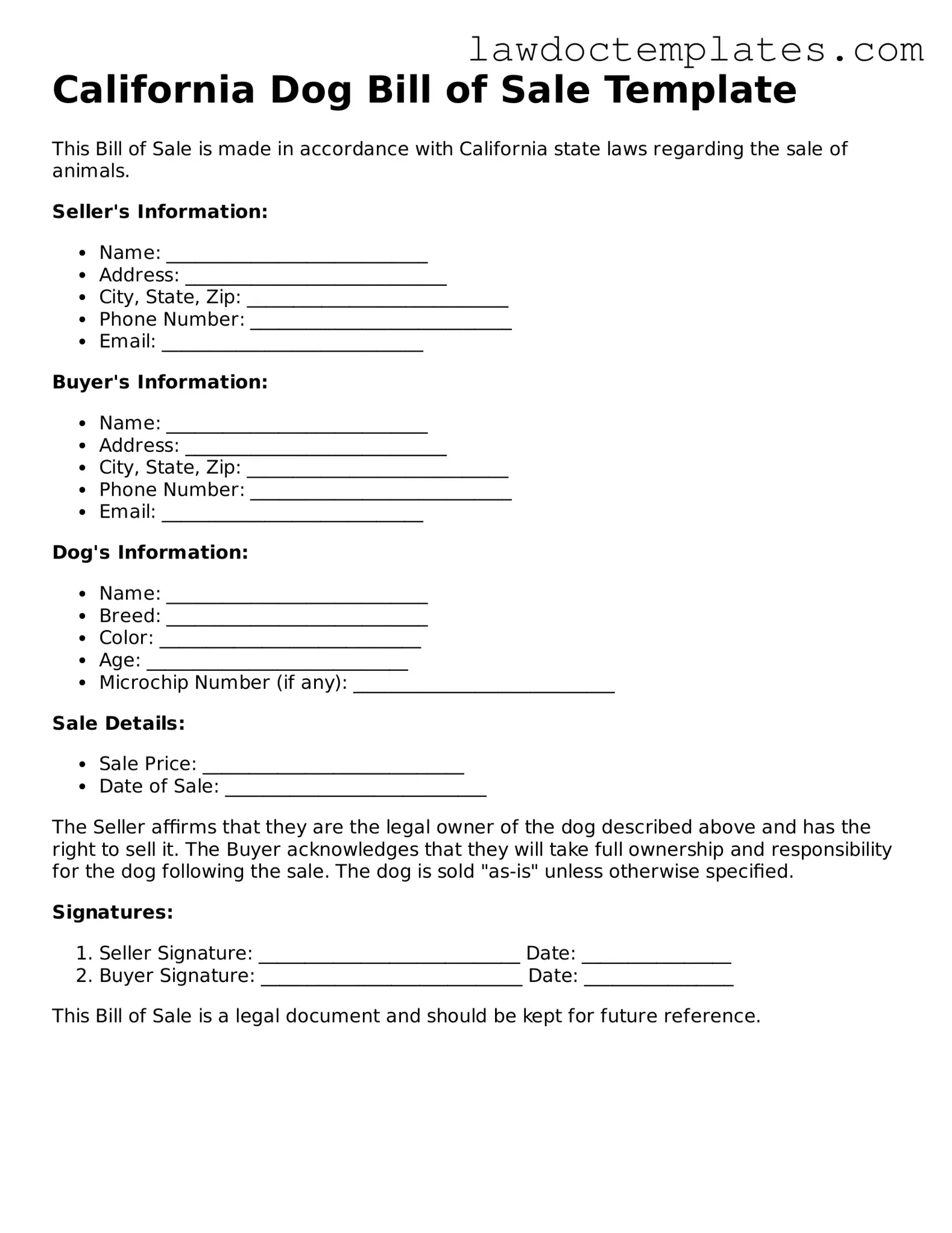 Dog Bill of Sale Document for California State