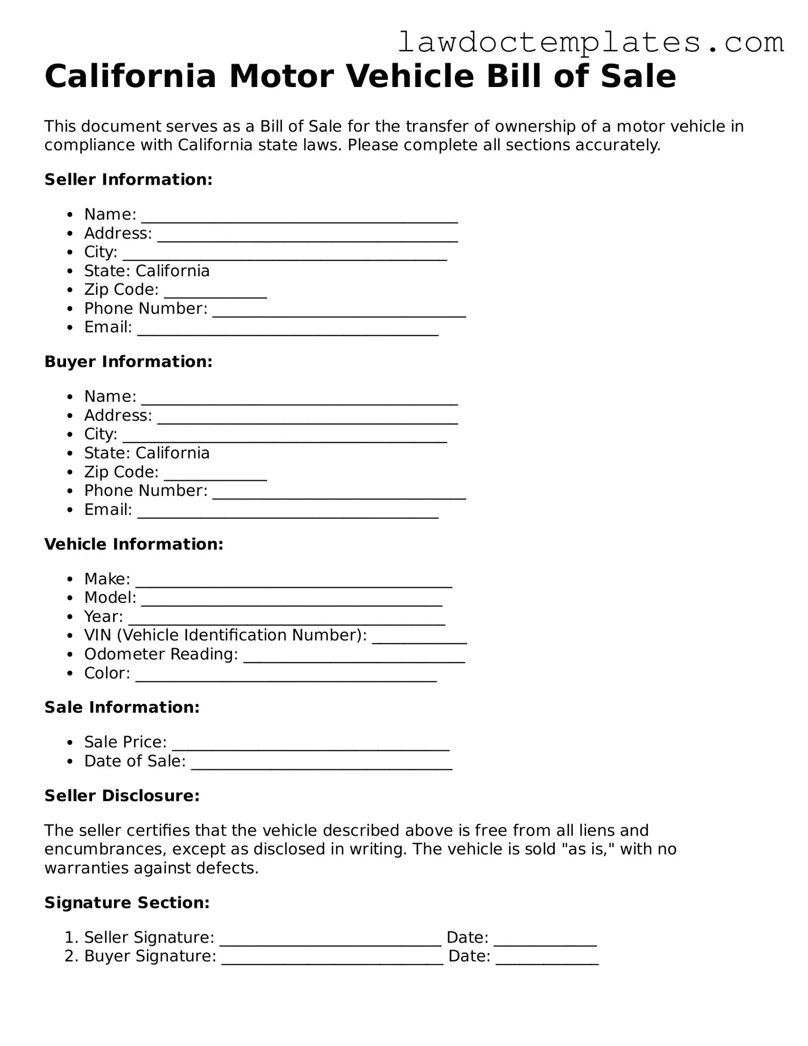 Motor Vehicle Bill of Sale Document for California State