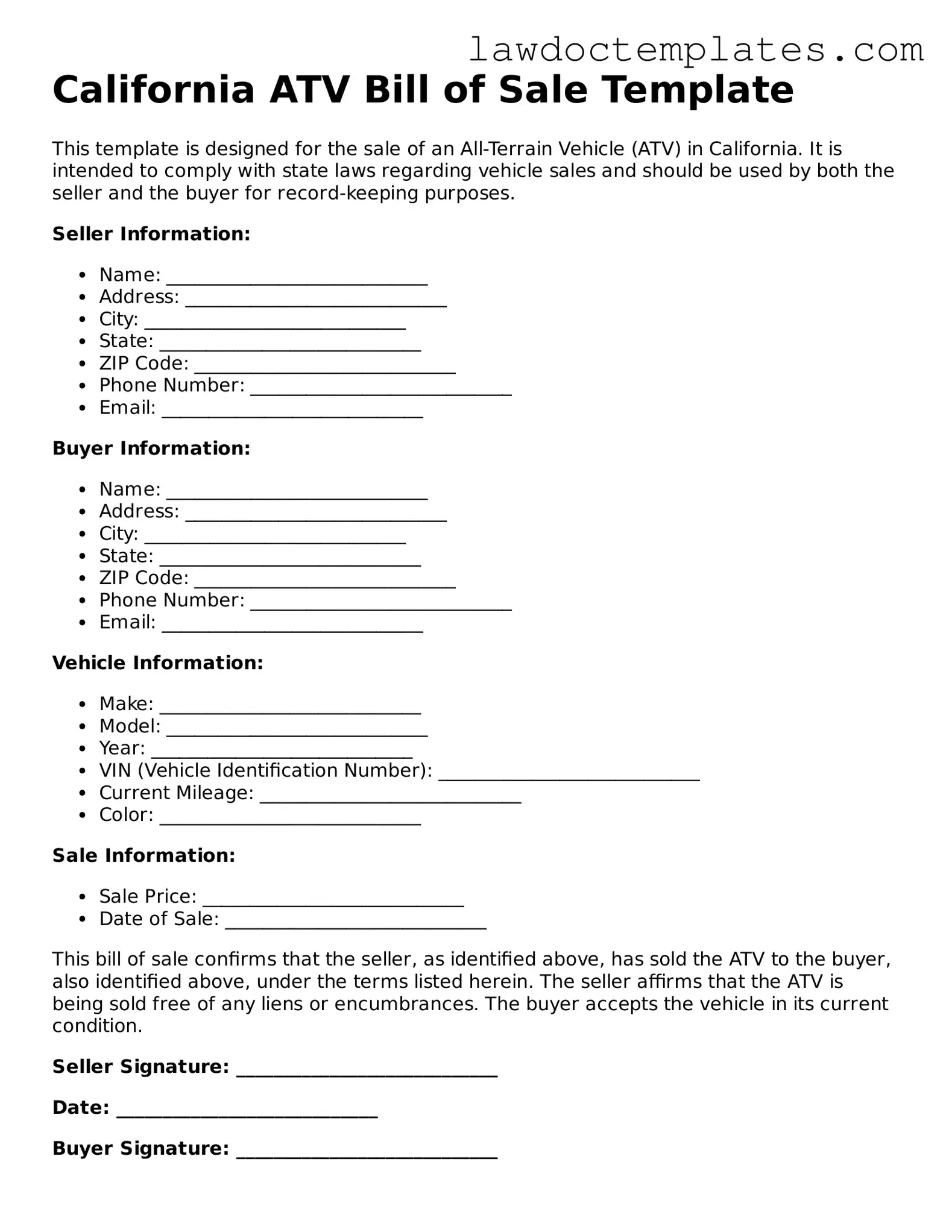 ATV Bill of Sale Document for California State