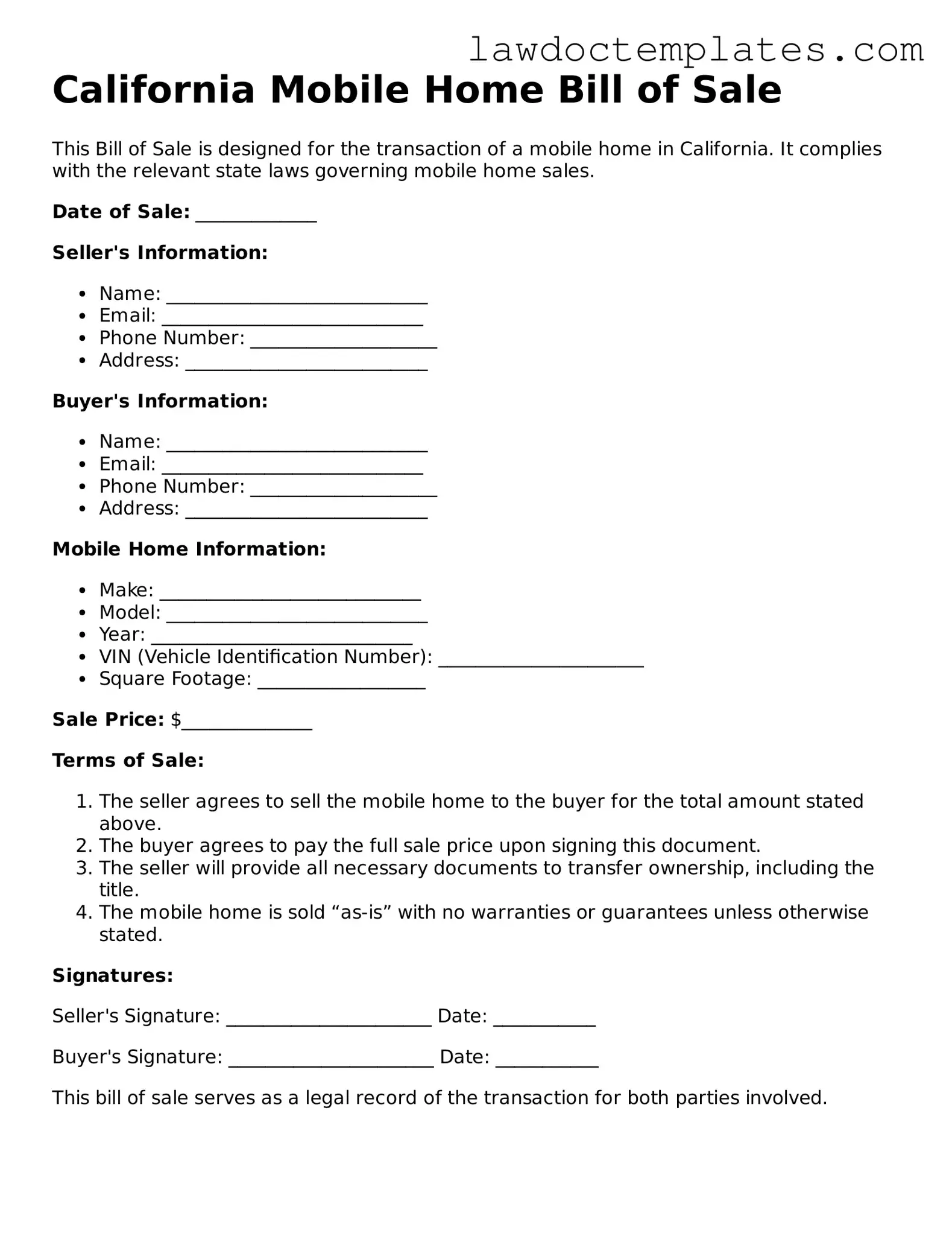 Mobile Home Bill of Sale Document for California State