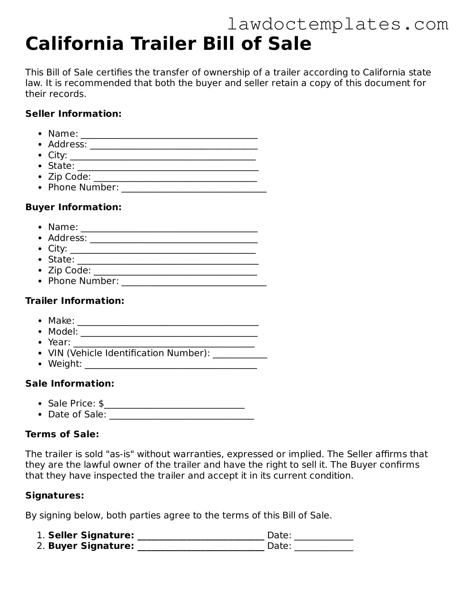 Trailer Bill of Sale Document for California State