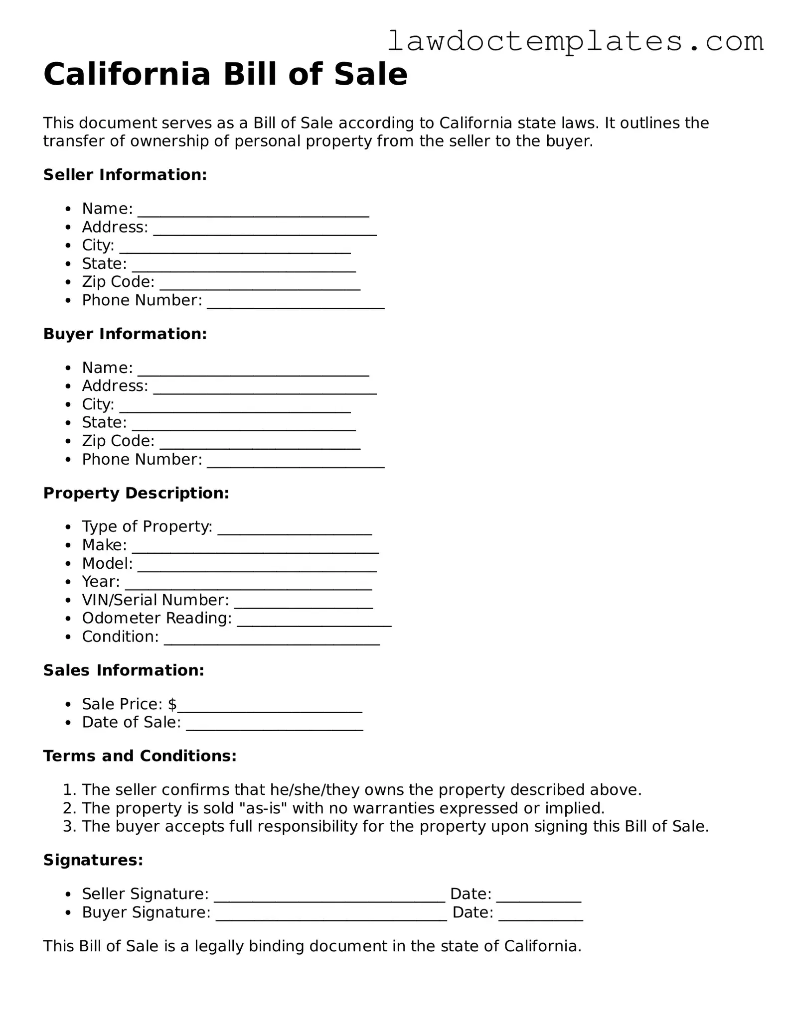 Bill of Sale Document for California State
