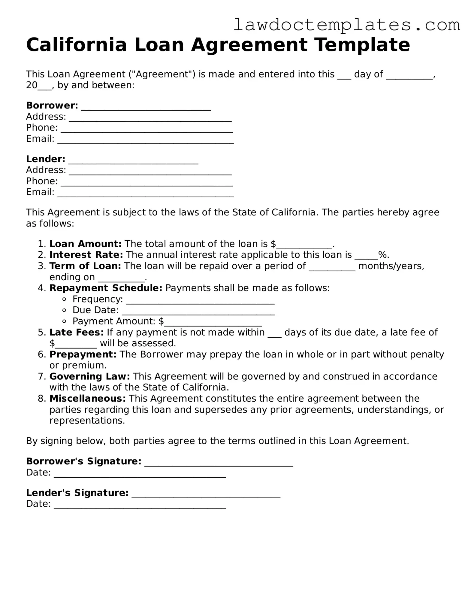 Loan Agreement Document for California State