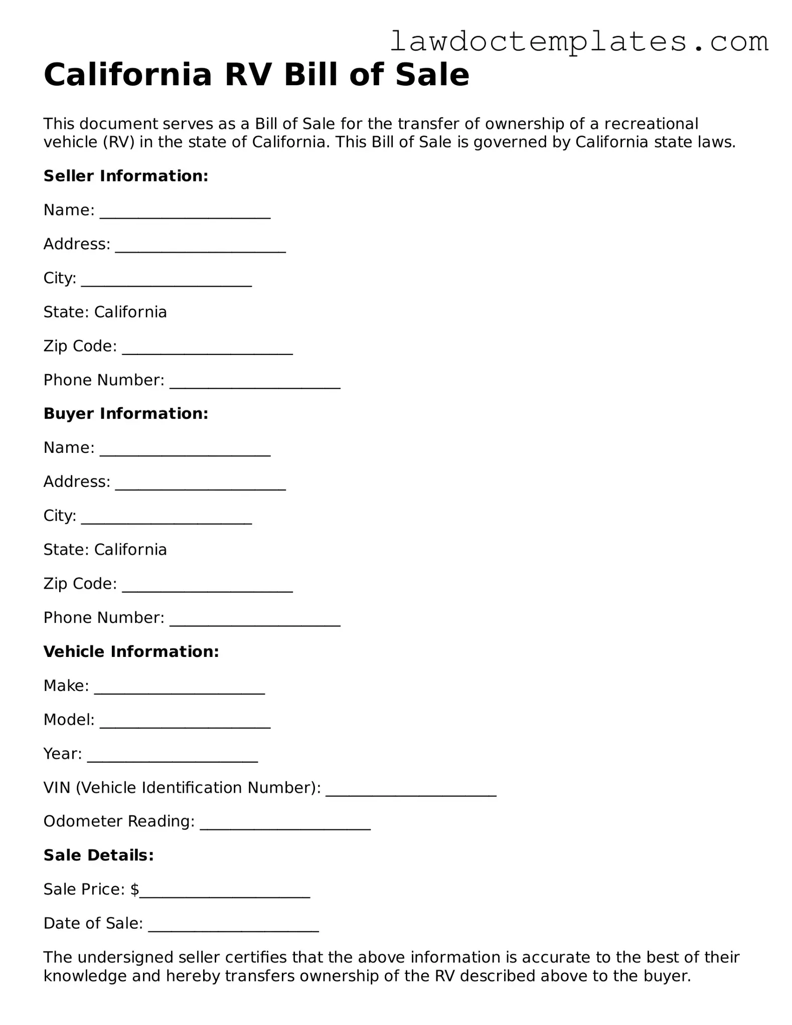 RV Bill of Sale Document for California State