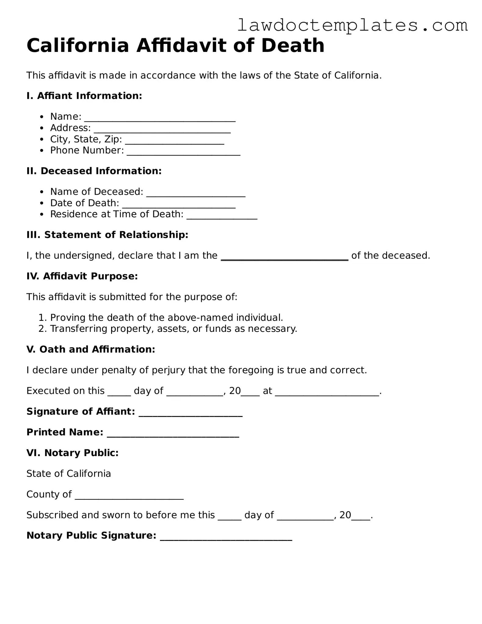 Affidavit of Death Document for California State
