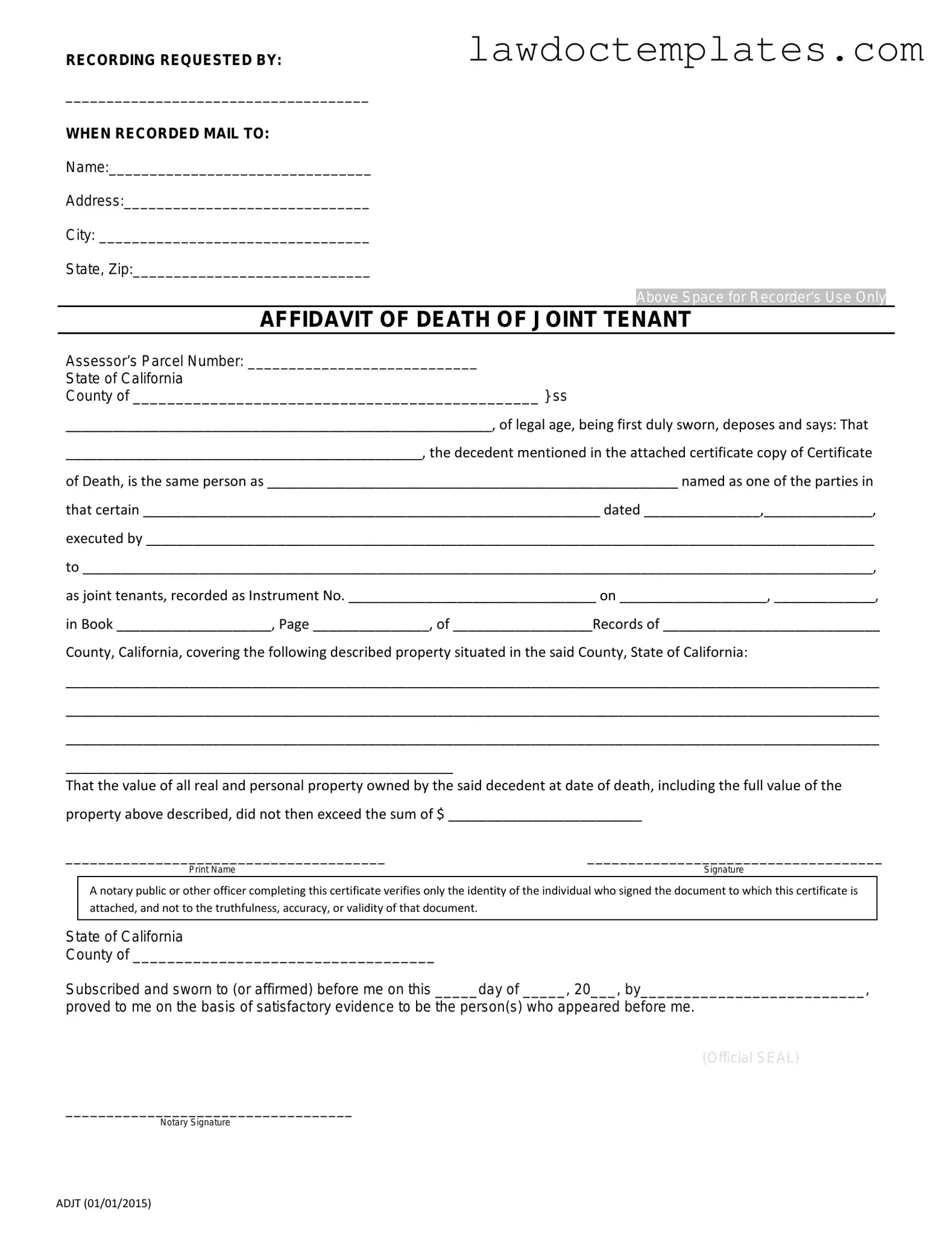 Fill Your California Death of a Joint Tenant Affidavit Form
