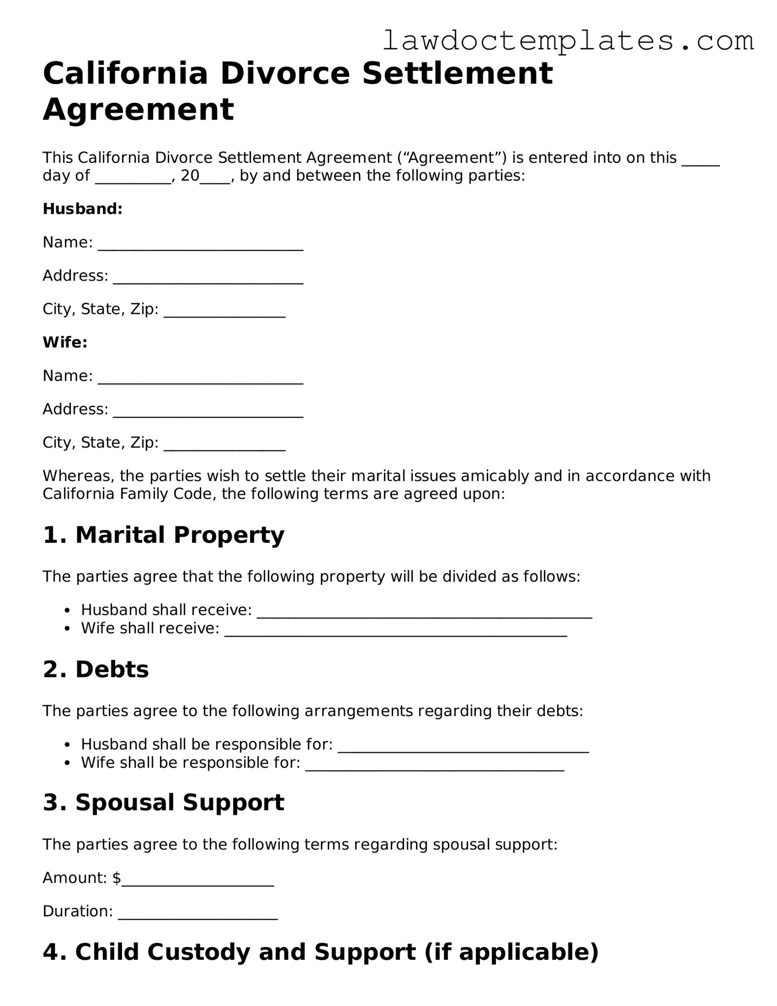Divorce Settlement Agreement Document for California State