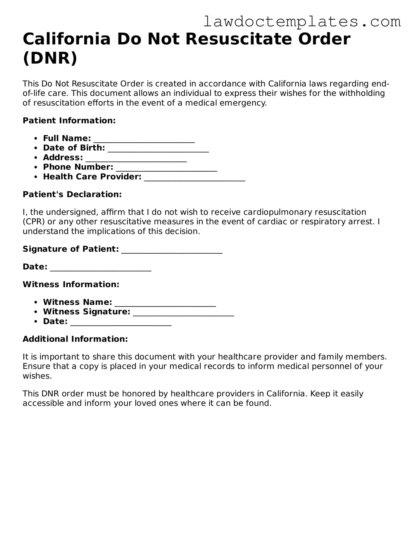Do Not Resuscitate Order Document for California State