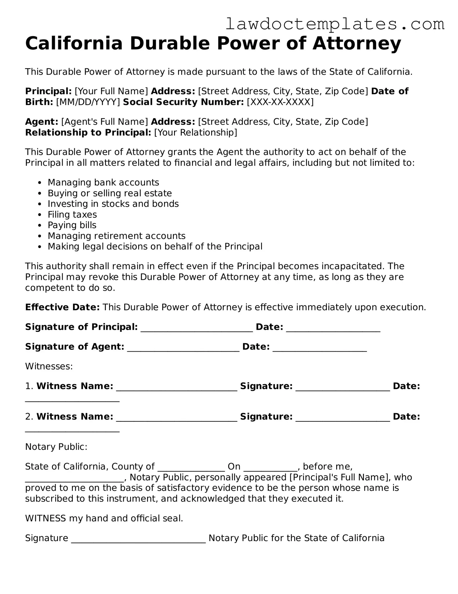 Durable Power of Attorney Document for California State
