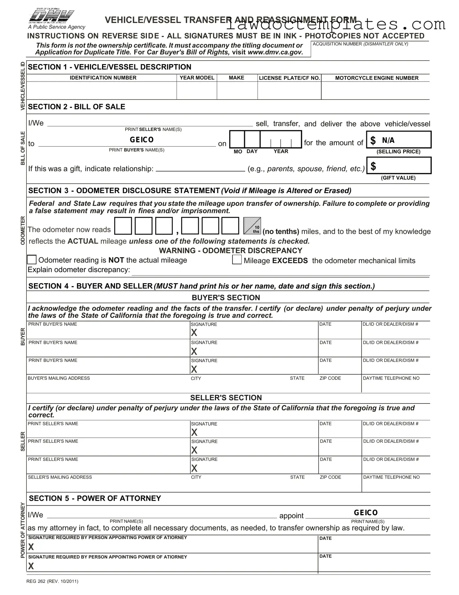 Fill Your California Fotm Reg 262 Form