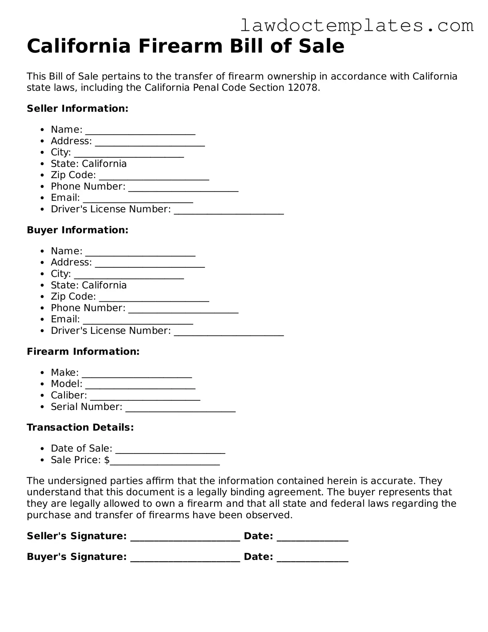 Firearm Bill of Sale Document for California State