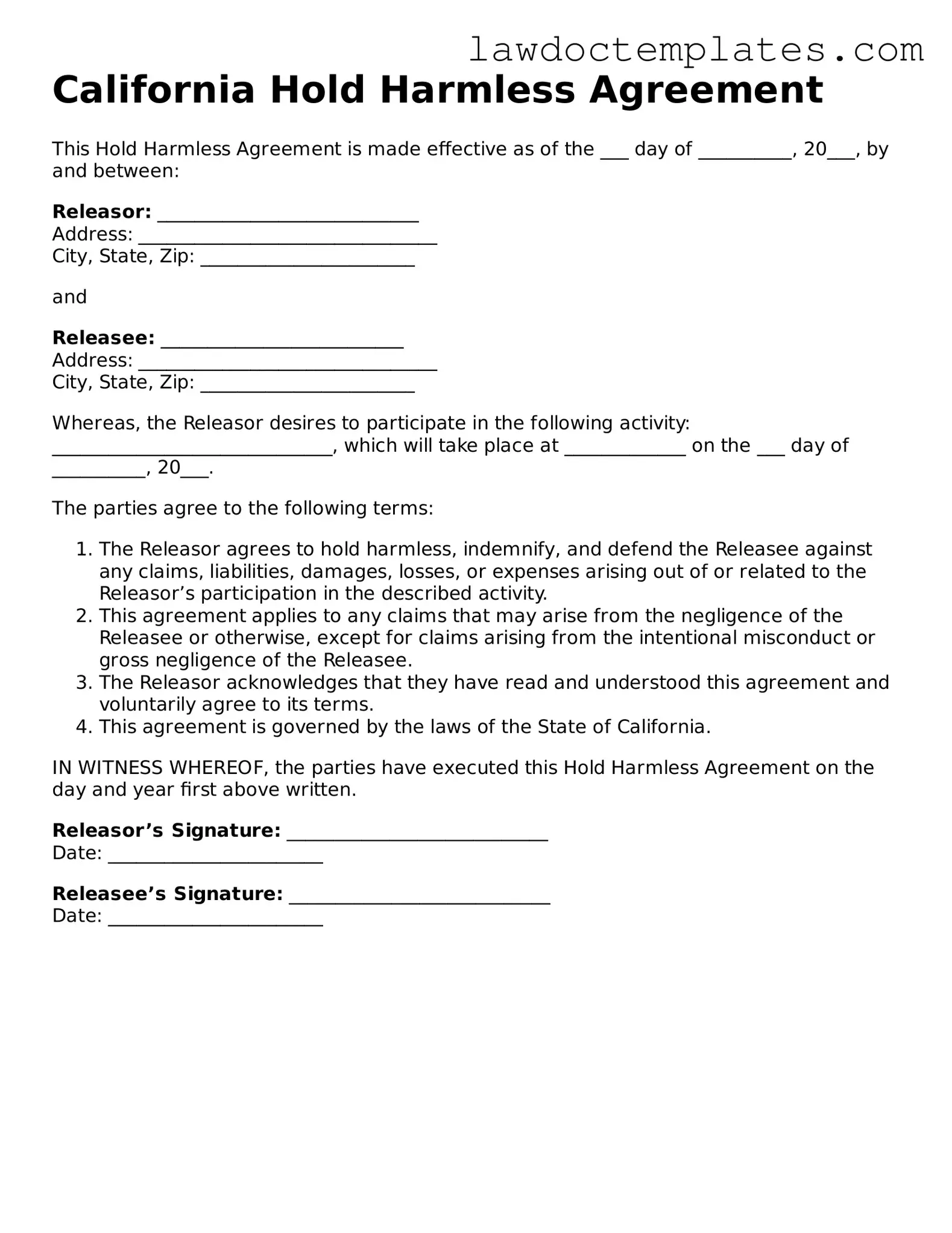 Hold Harmless Agreement Document for California State