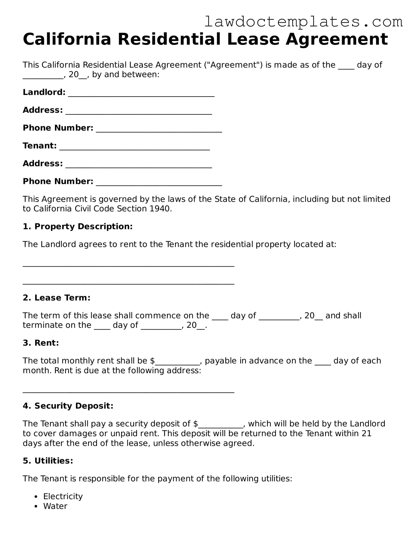 Residential Lease Agreement Document for California State