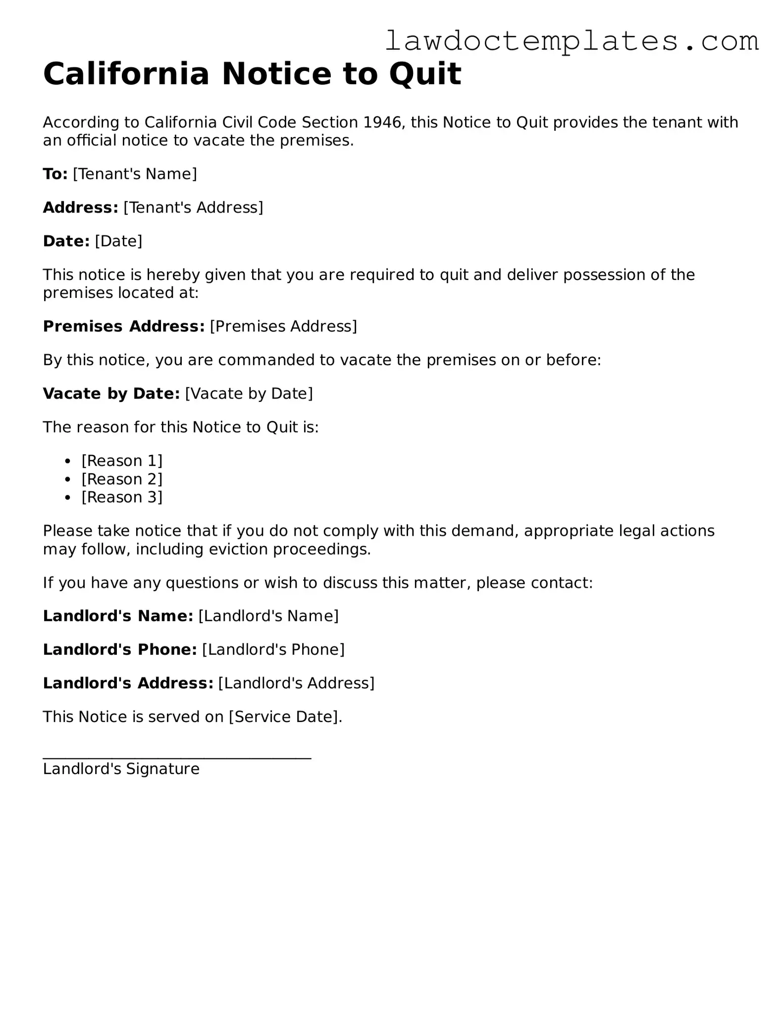 Notice to Quit Document for California State