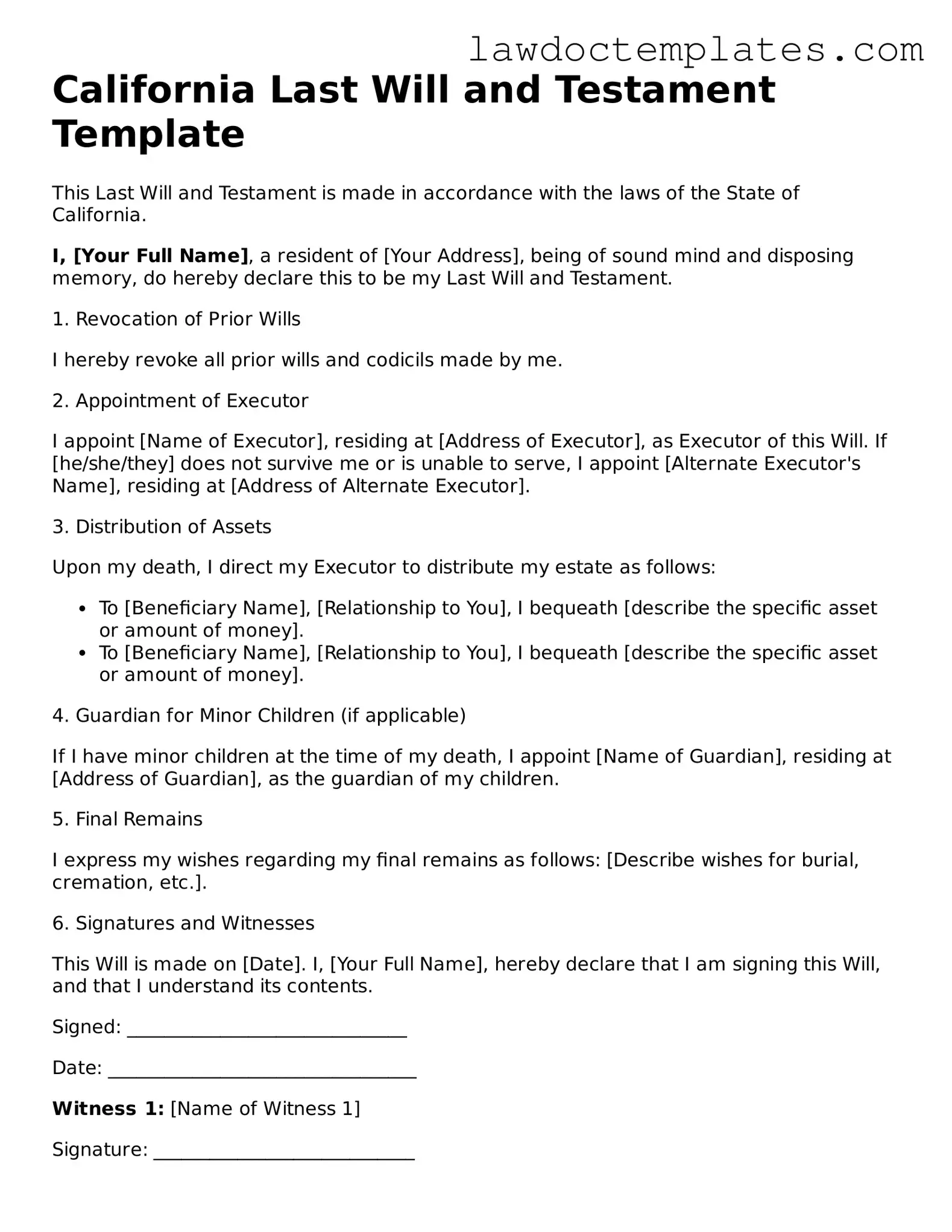 Last Will and Testament Document for California State