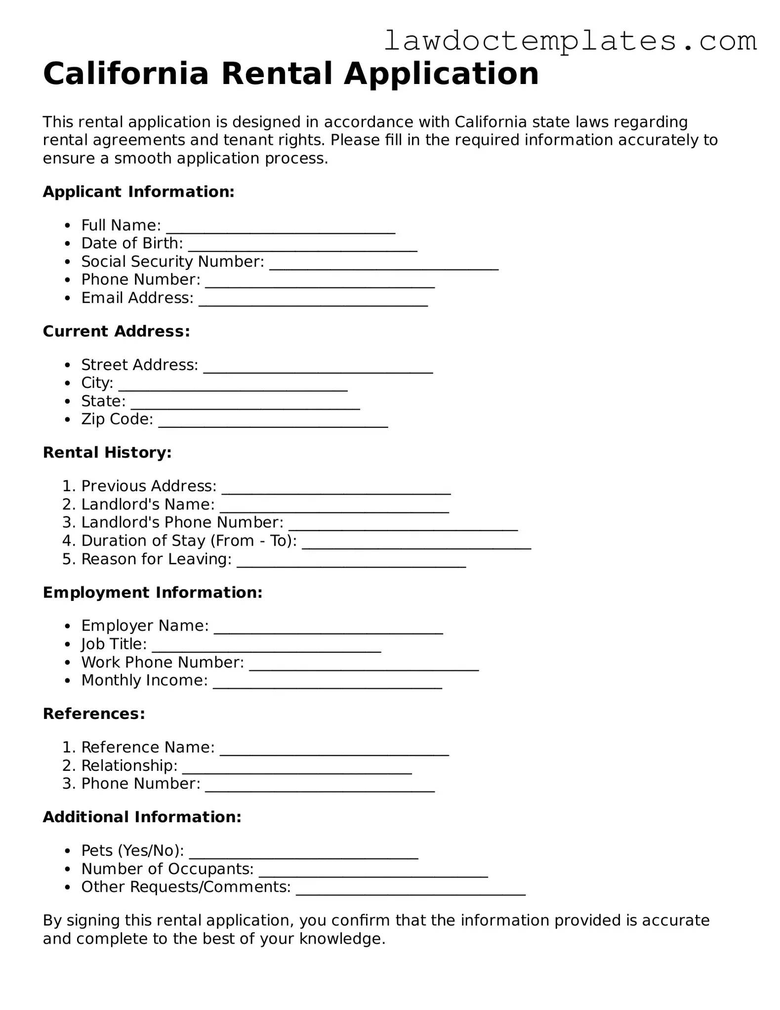 Rental Application Document for California State