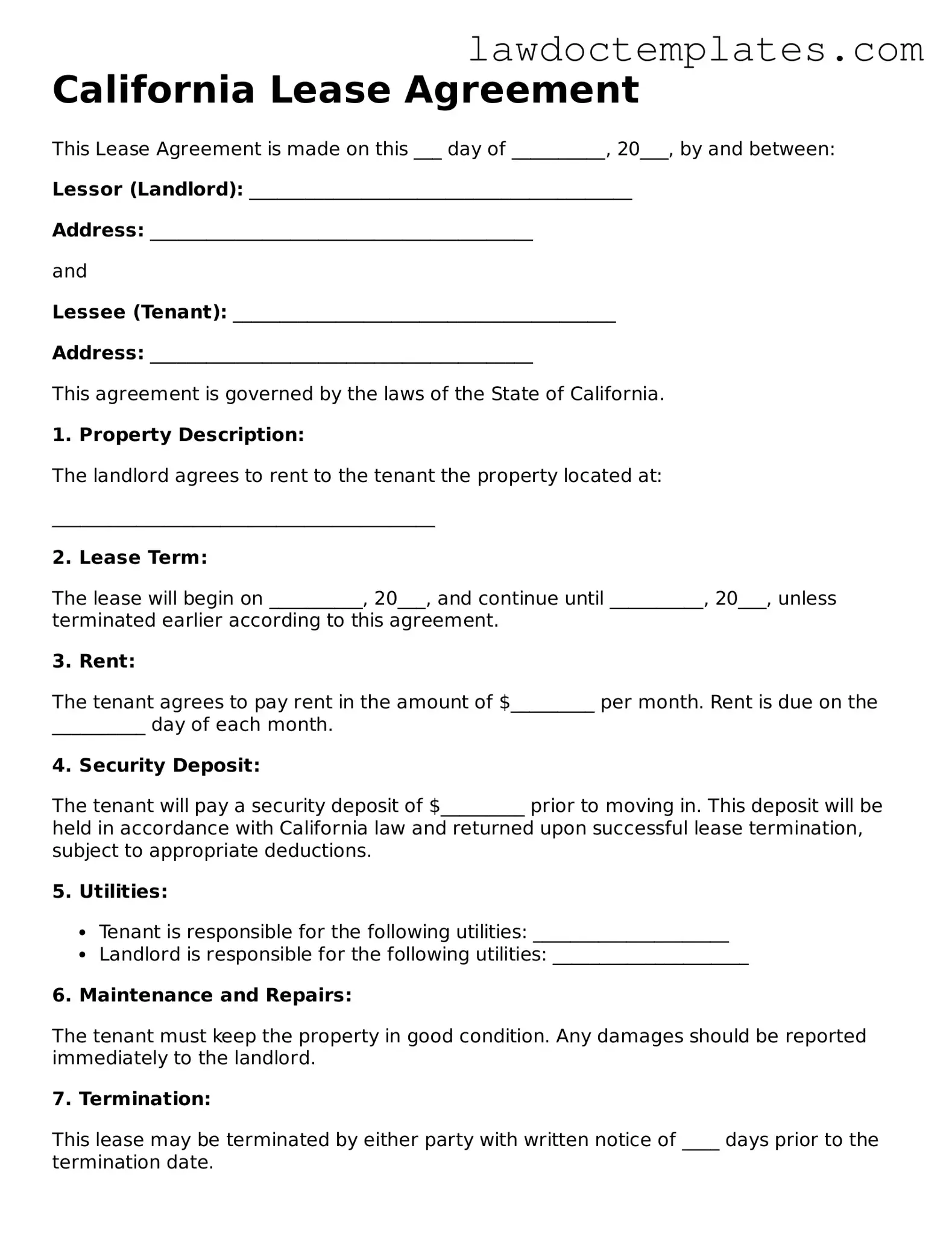 Lease Agreement Document for California State