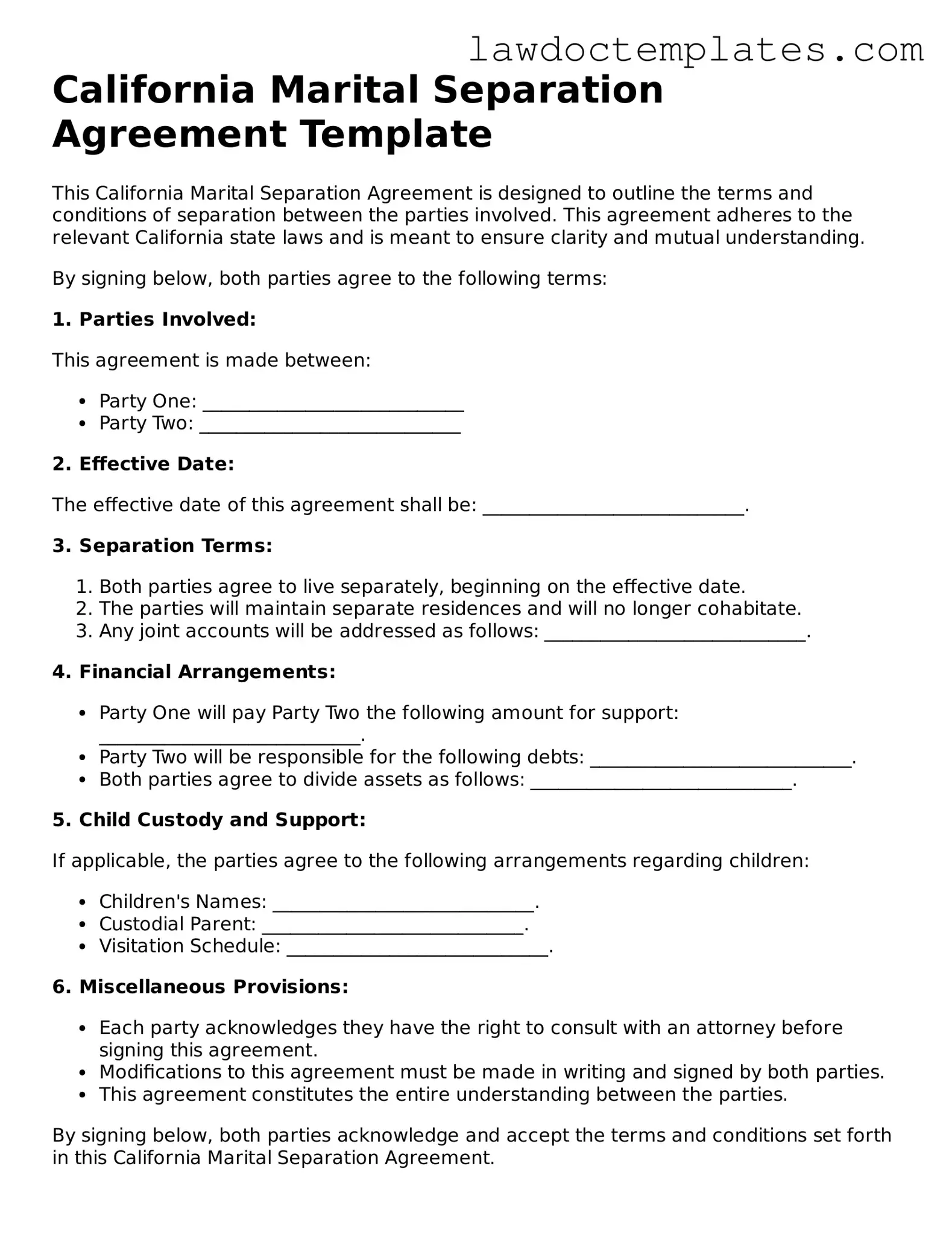 Marital Separation Agreement Document for California State