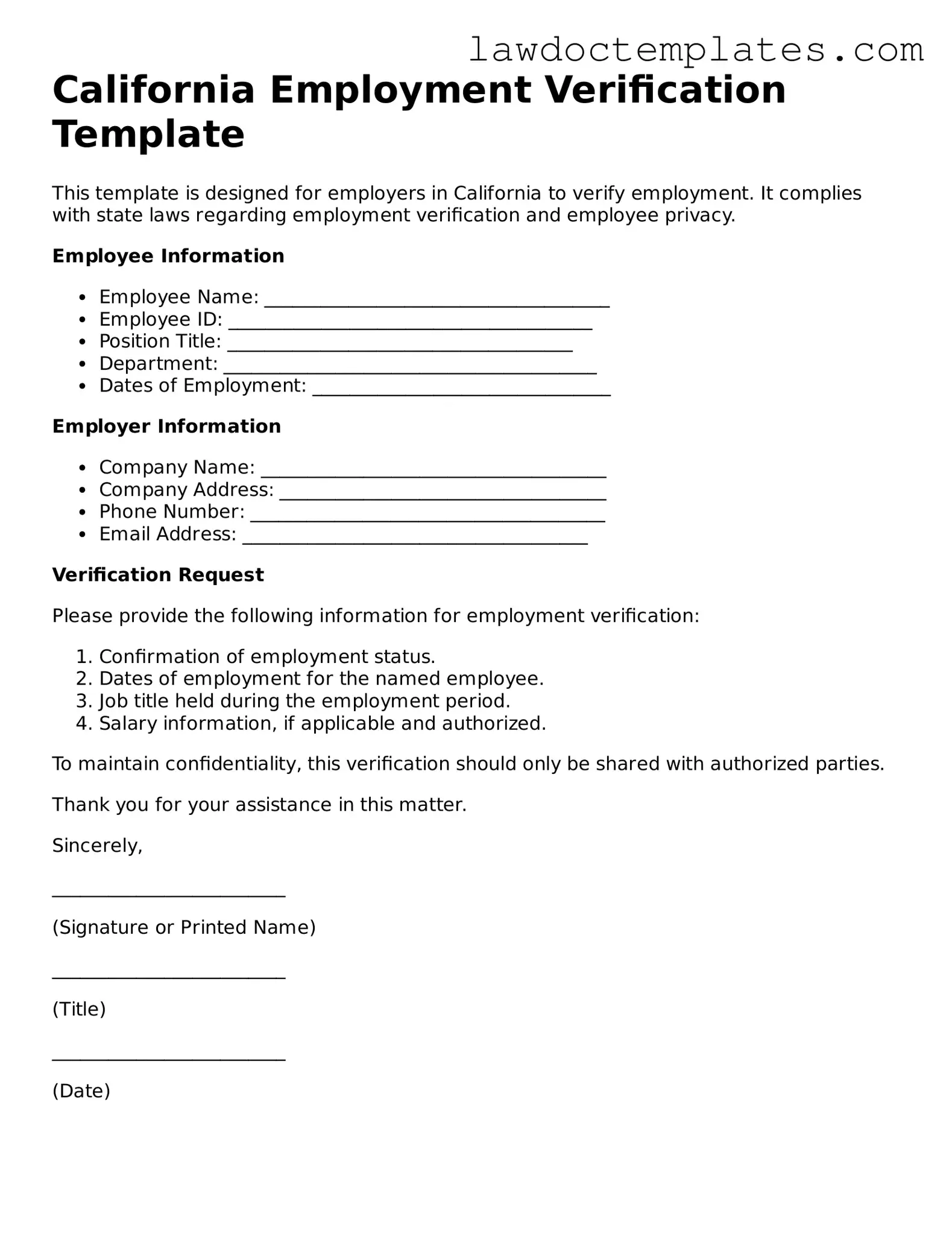 Employment Verification Document for California State