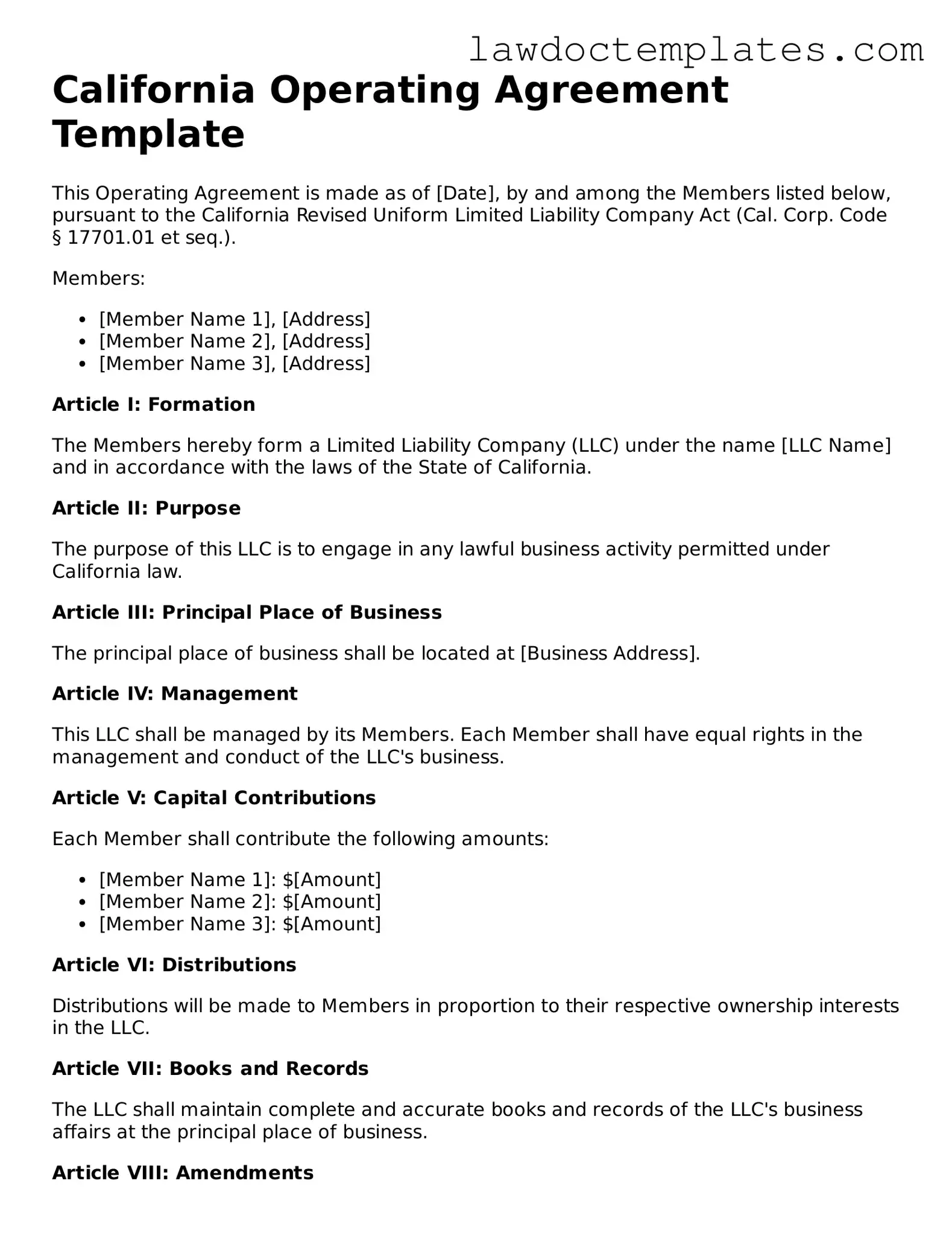 Operating Agreement Document for California State